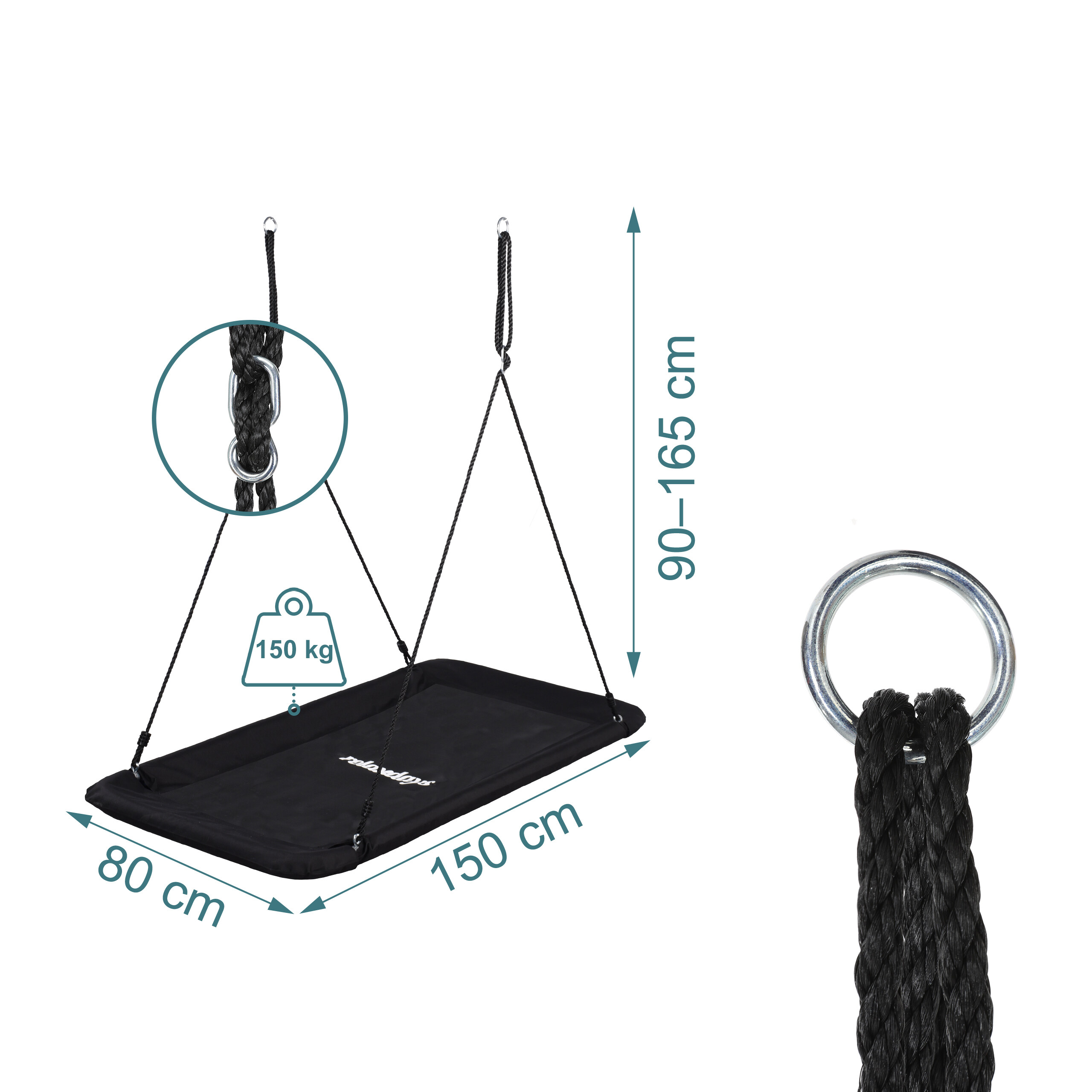 Schwarze Rechteck-Nestschaukel mit Maßen, 150 kg Tragkraft und Detailansicht der Seilaufhängung.