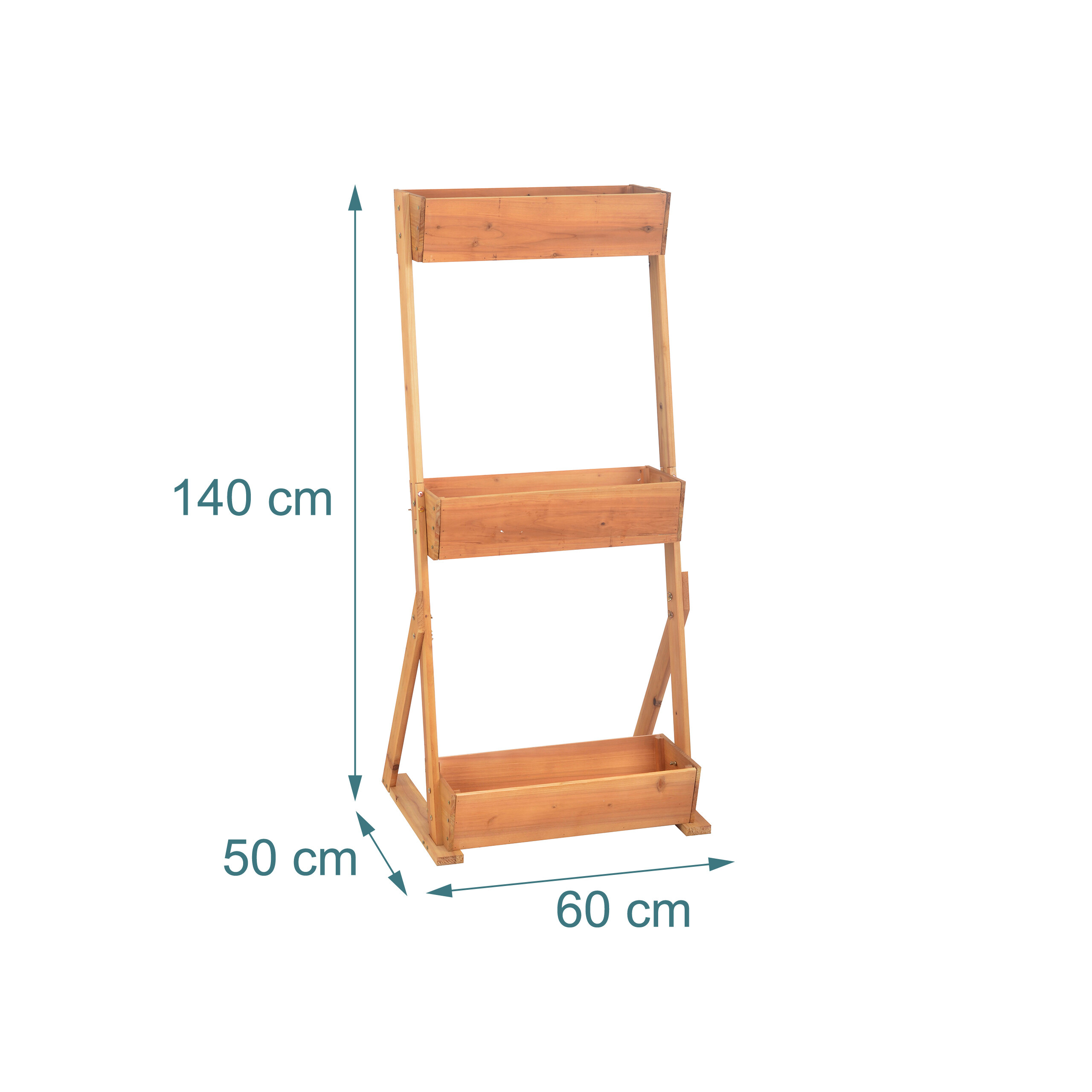 Dreistöckiges hölzernes Pflanzregal auf weißem Hintergrund mit Maßangaben von 140 cm Höhe, 60 cm Breite und 50 cm Tiefe.