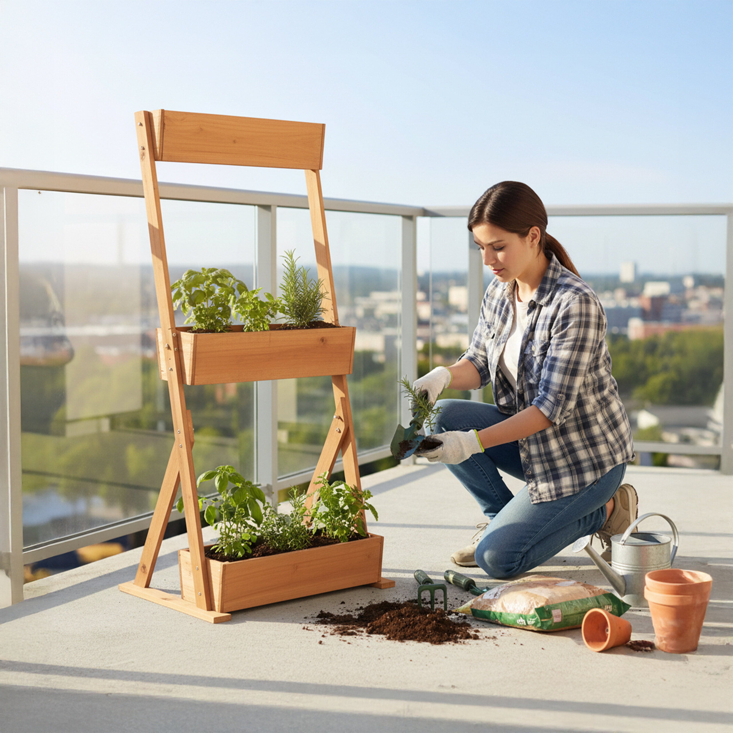 Eine Frau kniet auf einem sonnigen Balkon und pflanzt Blumen in ein hölzernes vertikales Pflanzgefäß.