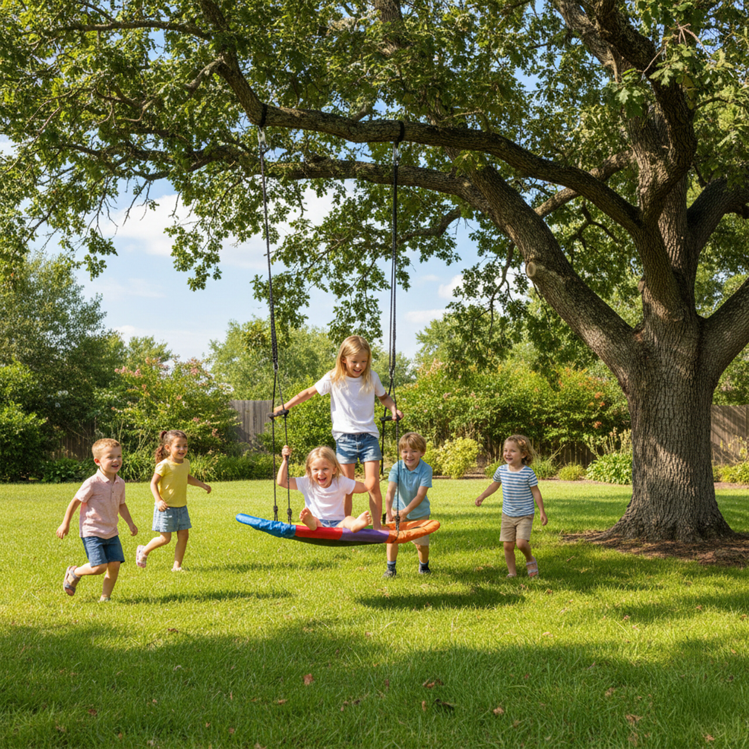 Fünf Kinder spielen fröhlich im Garten unter einem großen Baum mit einer bunten Schaukel.