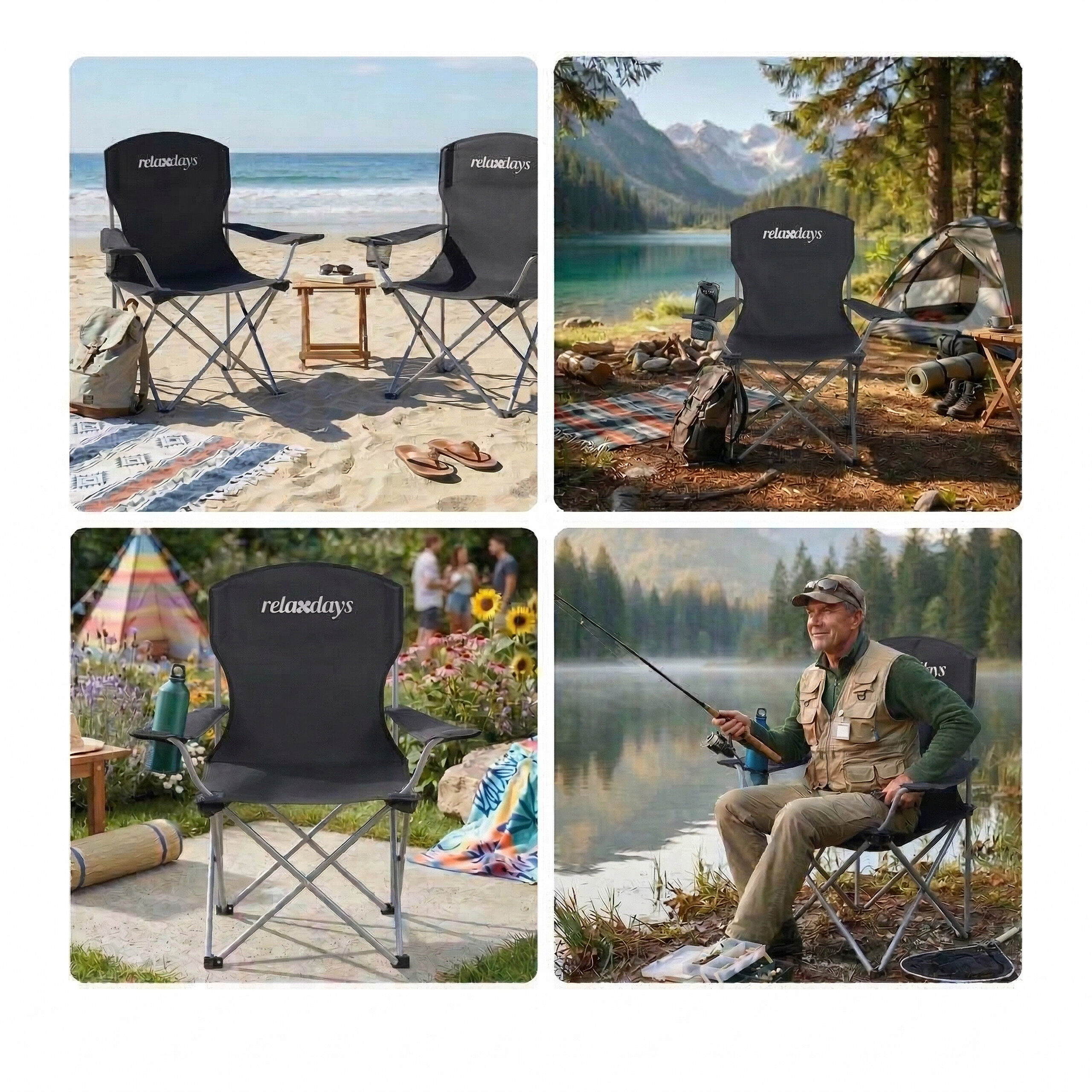 Vier Bilder zeigen Relaxdays-Campingstühle in verschiedenen Szenen: am Strand, am See, im Garten und beim Angeln.