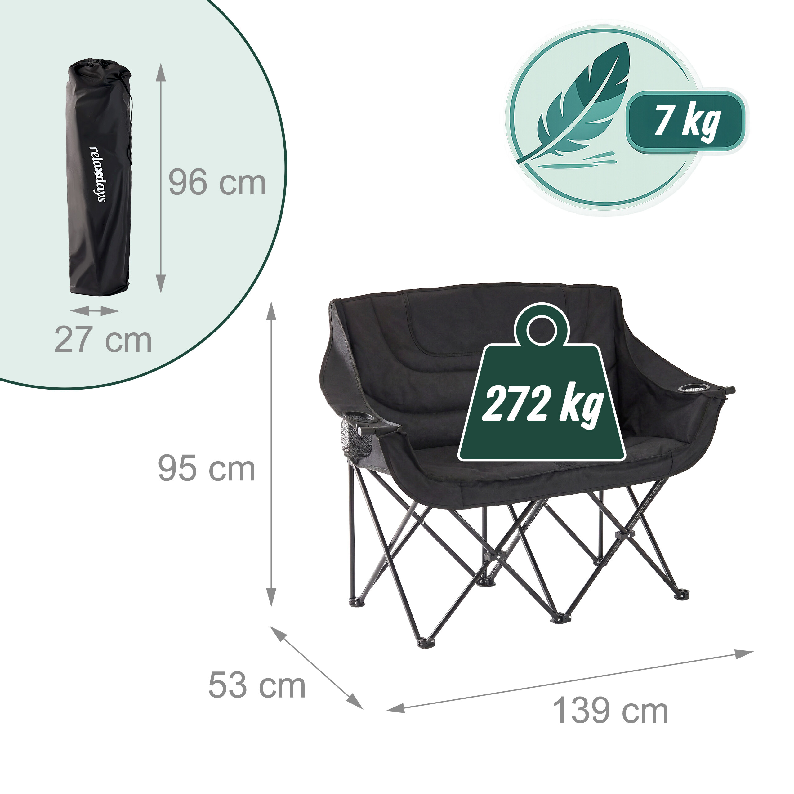 Schwarzer Camping-Doppelsessel mit Maßen, Tragkraft 272 kg, Gewicht 7 kg und Packmaß.