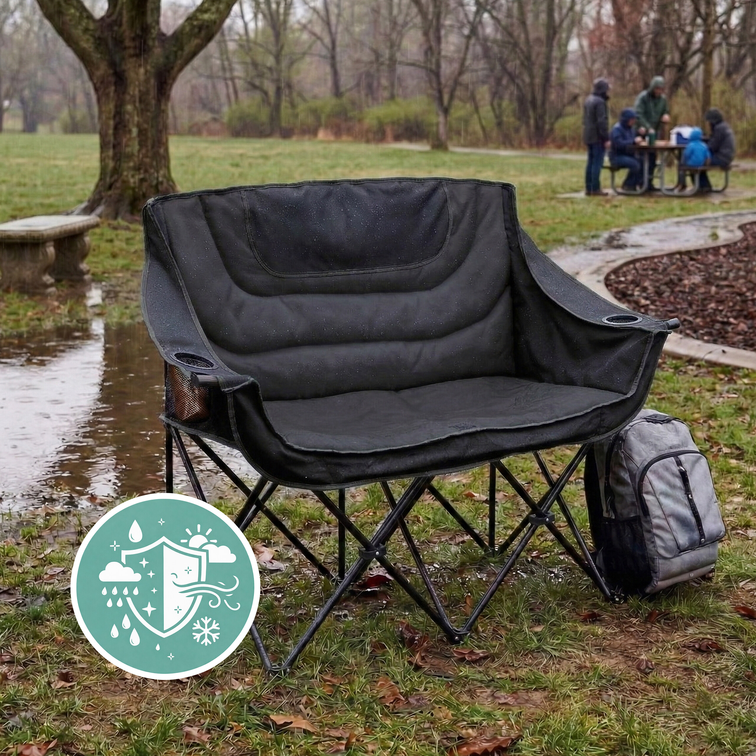 Ein schwarzer Klappsessel steht auf nassem Gras im Park, daneben ein grauer Rucksack.