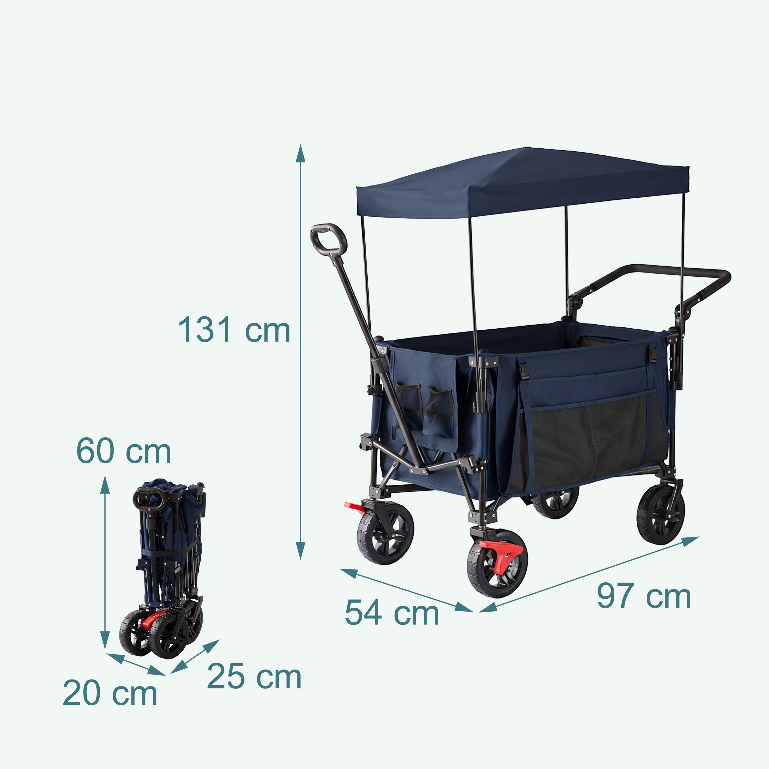 Blauer Klappbollerwagen mit Verdeck und Maßangaben für offene und zusammengeklappte Zustände.