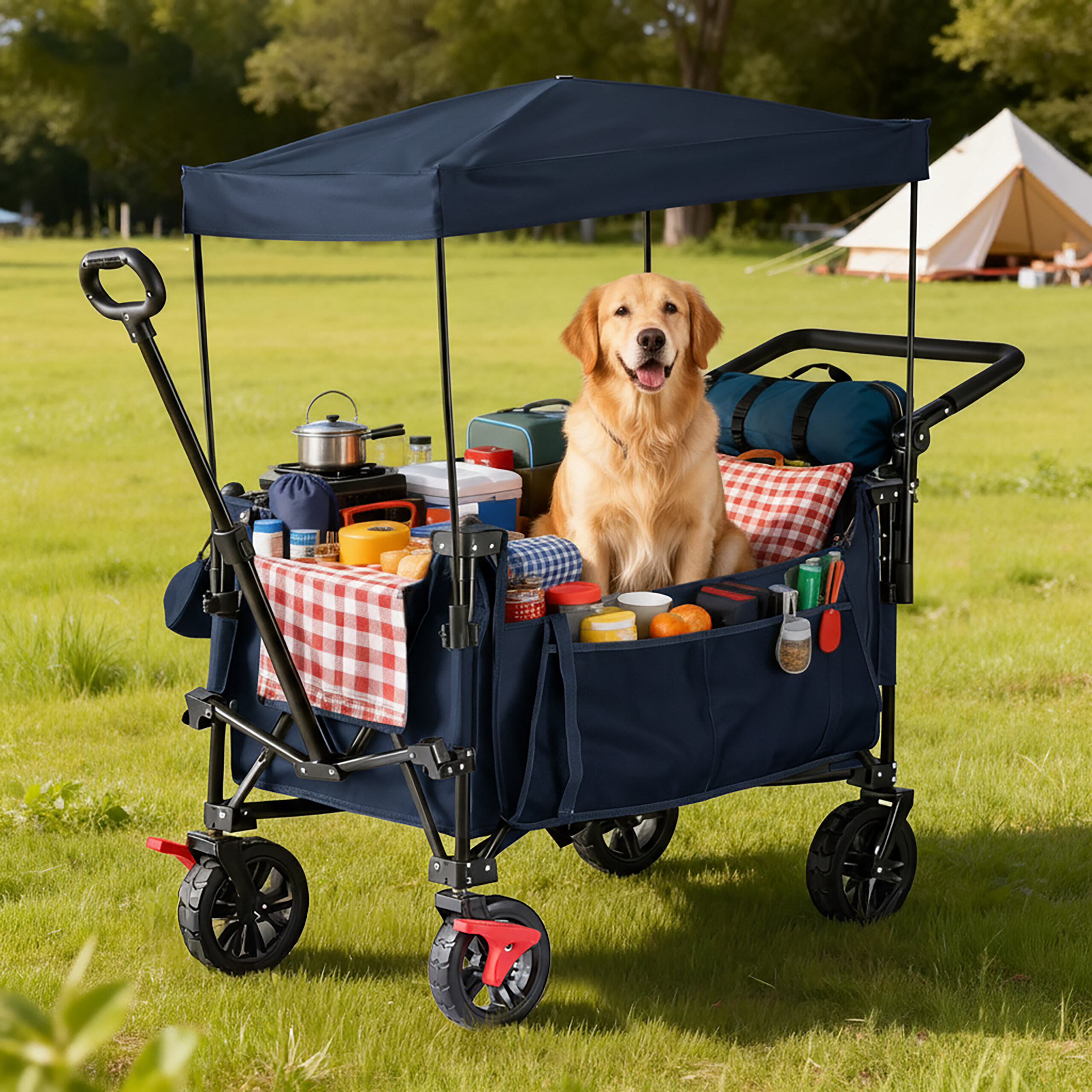 Ein Golden Retriever sitzt glücklich in einem blauen Bollerwagen voller Camping-Ausrüstung auf einer Wiese vor einem Zelt.