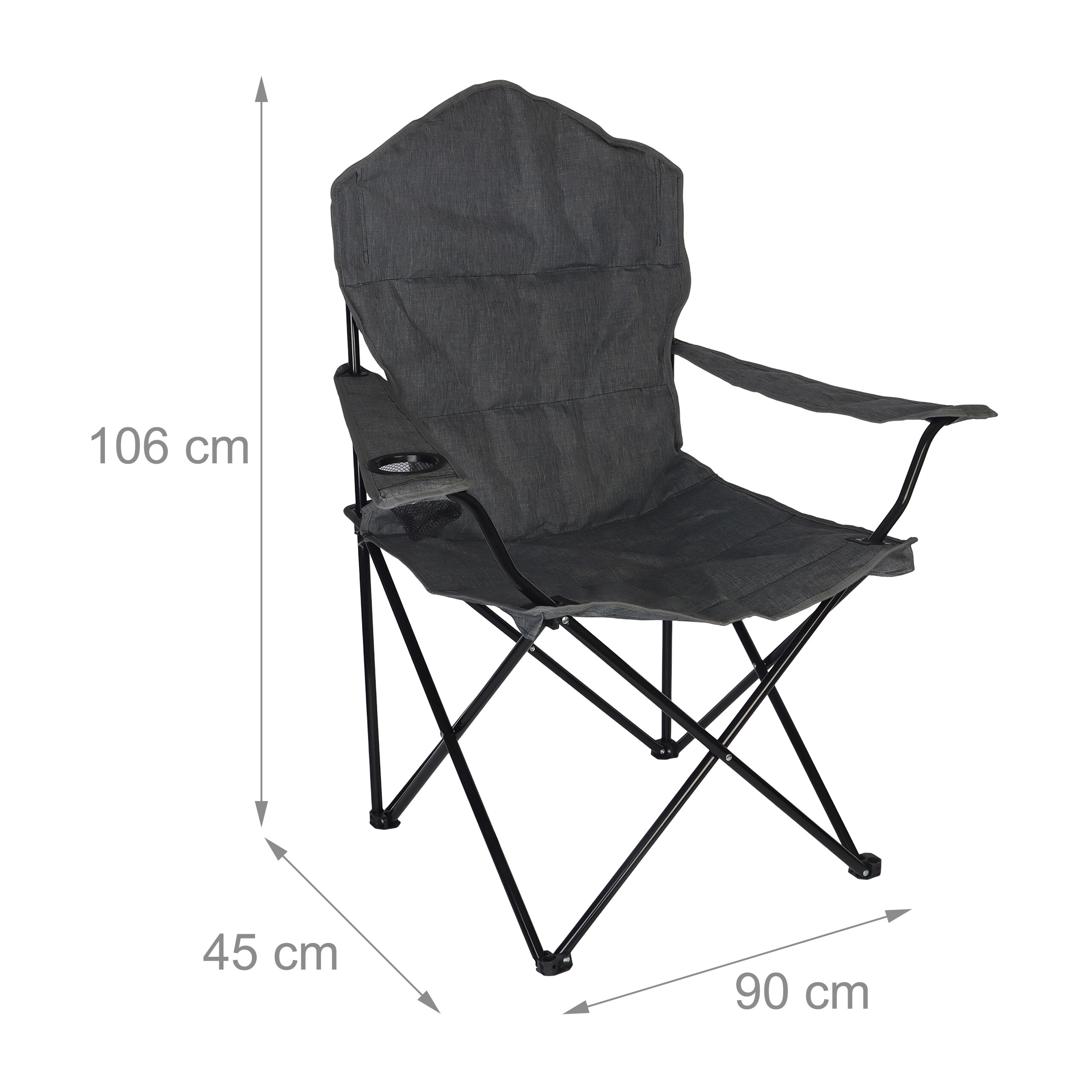 Grauer Klapp-Campingstuhl mit schwarzem Metallgestell und Maßen 106x45x90 cm.