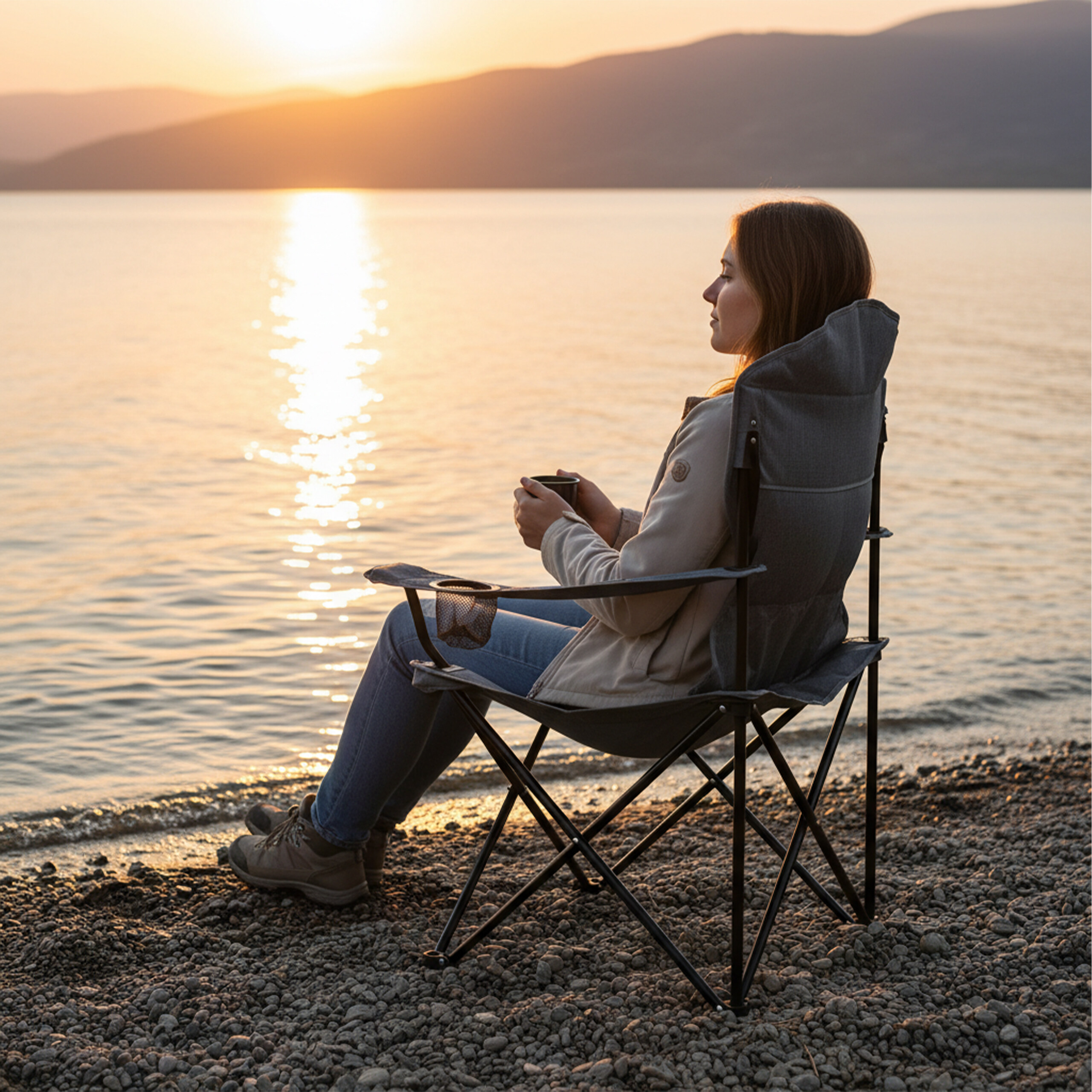 Eine Frau sitzt in einem Klappstuhl am Seeufer und genießt bei Sonnenuntergang eine Tasse.
