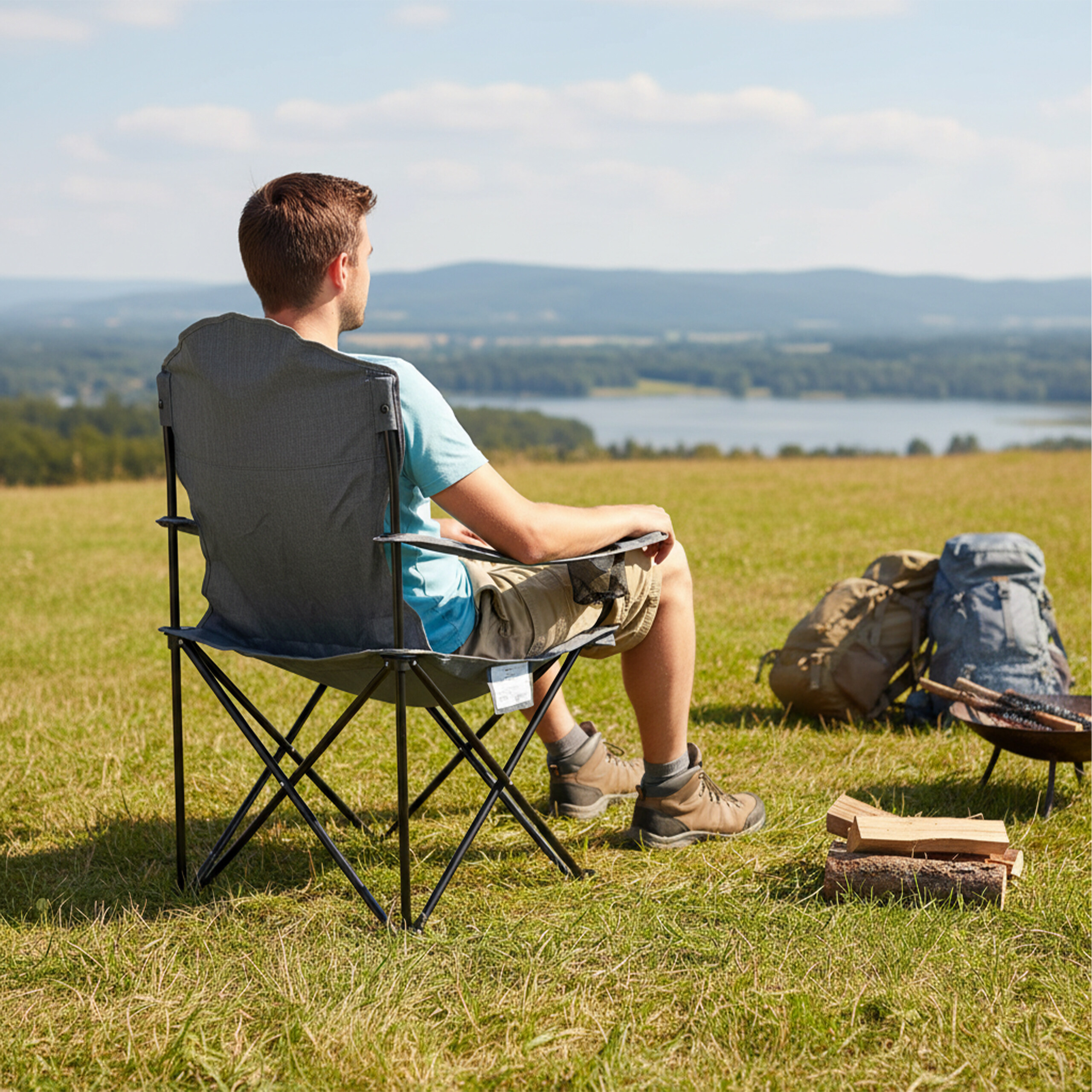 Ein Mann sitzt in einem Campingstuhl auf einem grünen Hügel und blickt auf einen See und ferne Berge.