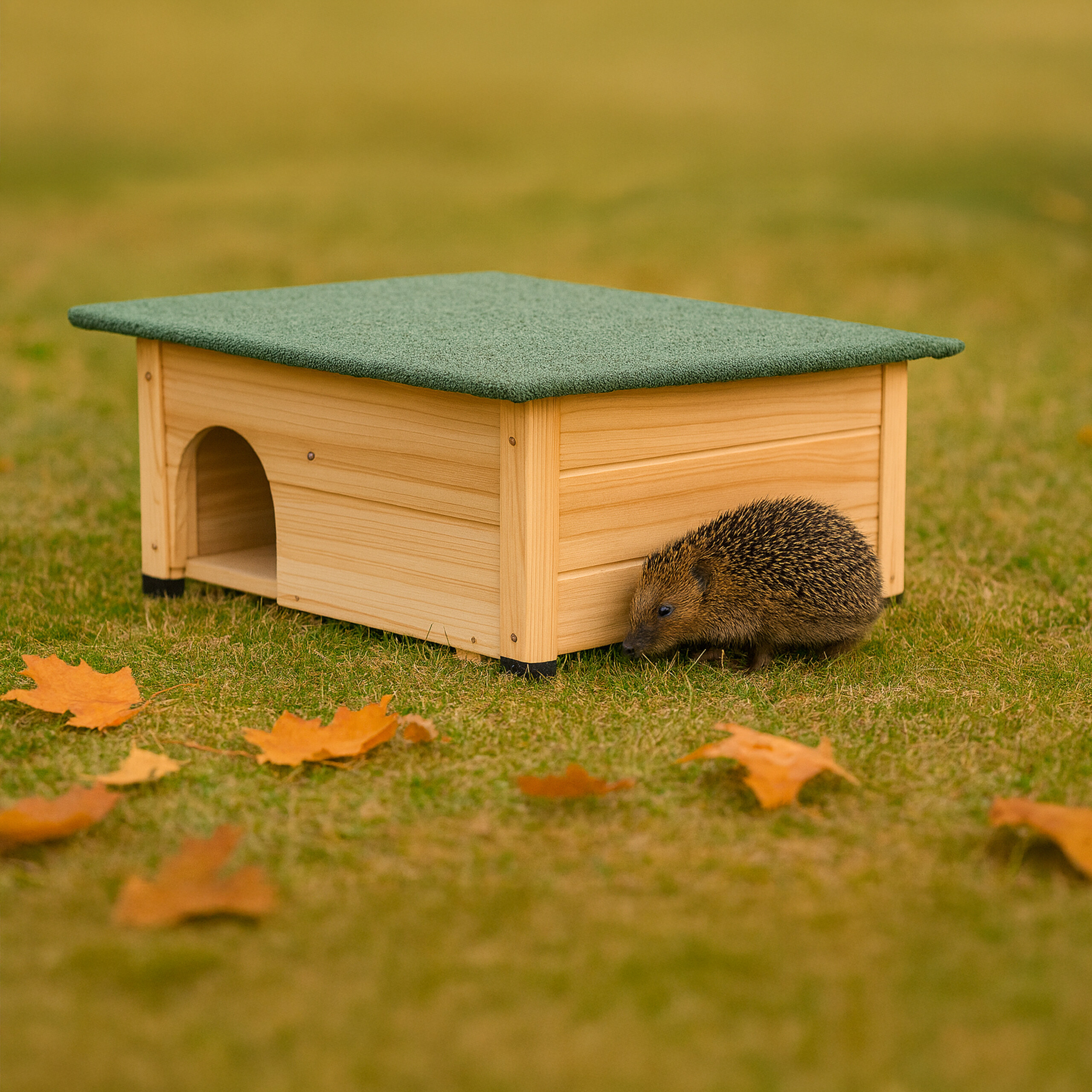 Ein kleiner Igel steht neben einem hölzernen Igelhaus mit grünem Dach im herbstlichen Gras.