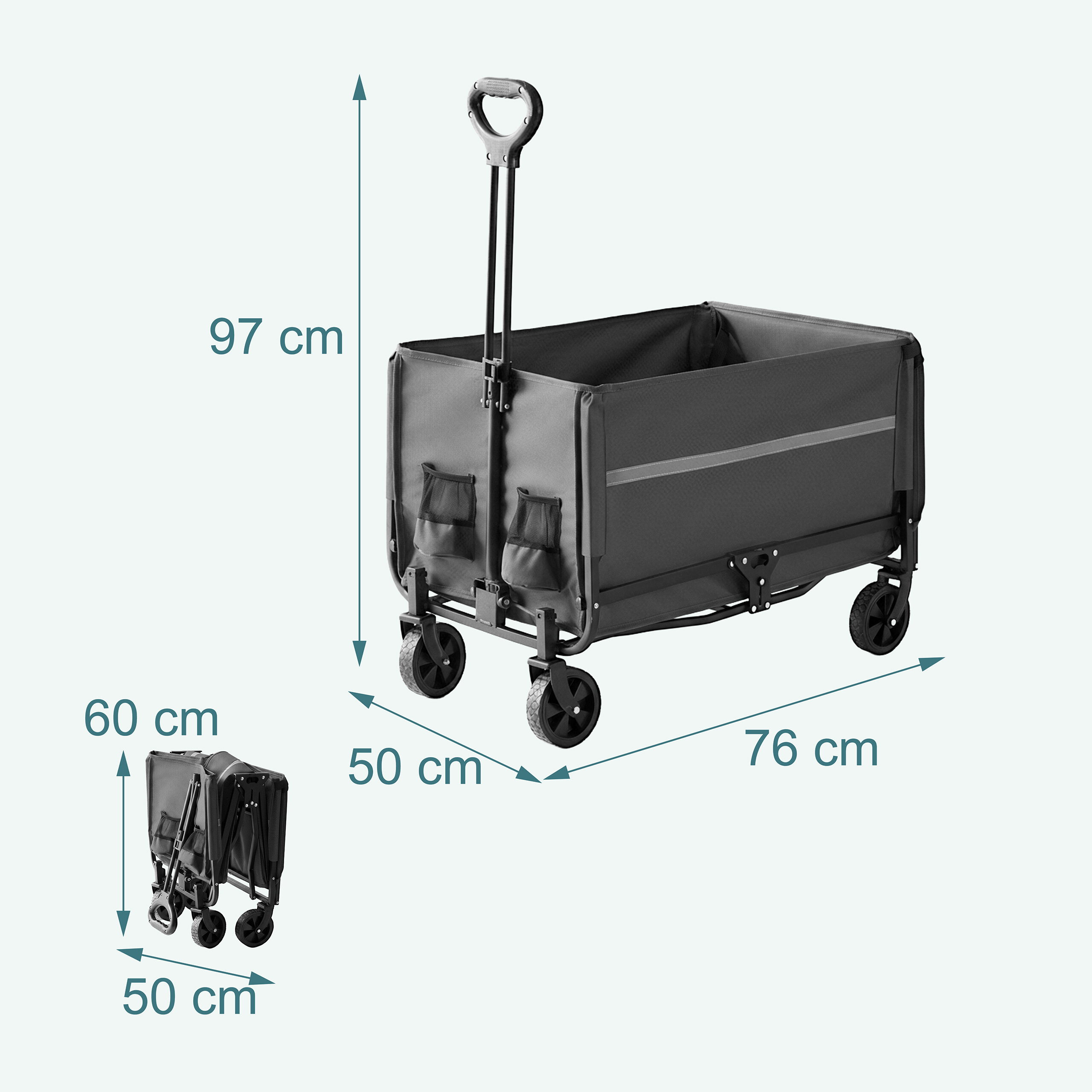 Diagramm eines grauen faltbaren Handwagens mit Maßen von 97x76x50 cm und gefaltet 60x50 cm.