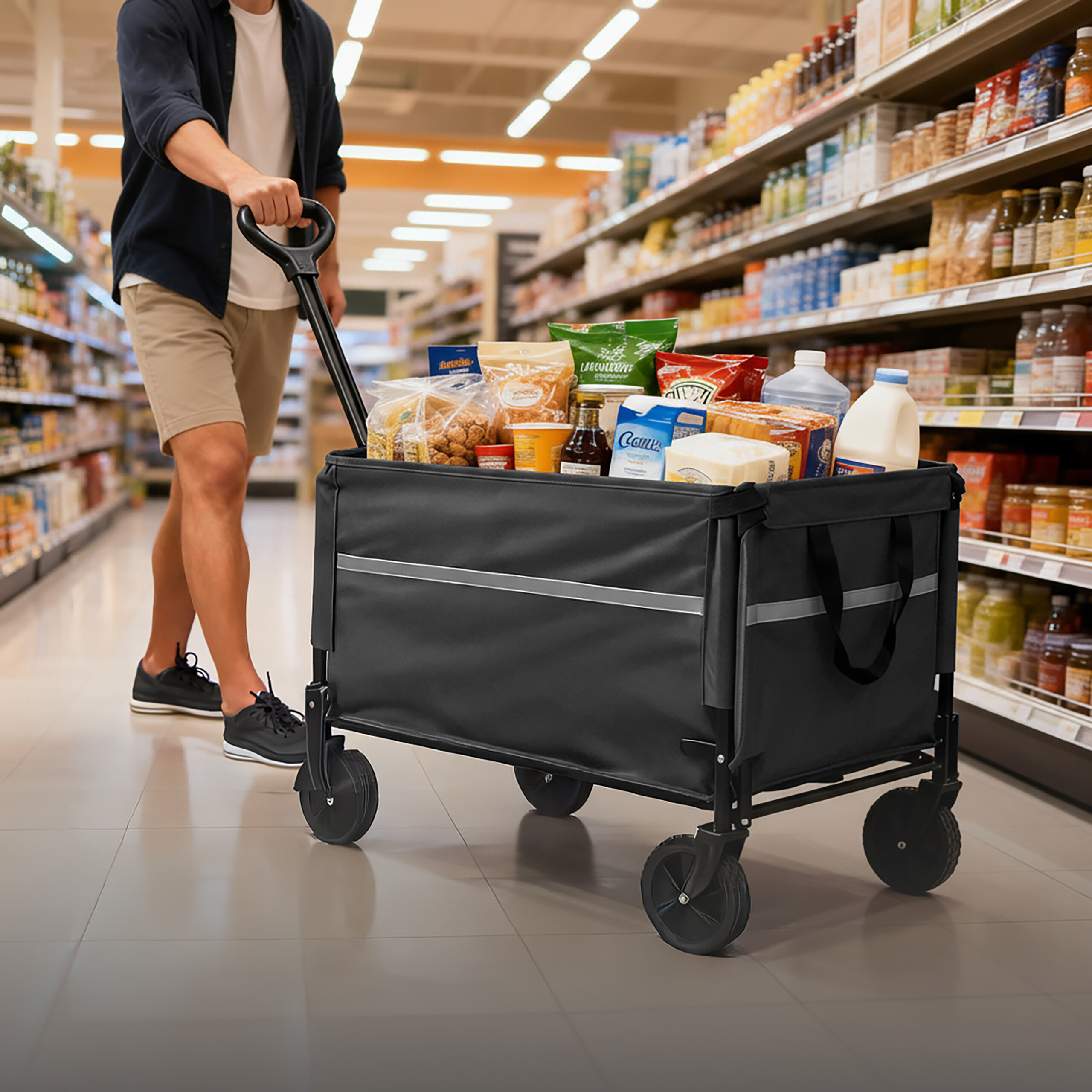 Ein Mann schiebt einen schwarzen Einkaufswagen voller Lebensmittel in einem hellen Supermarkt.