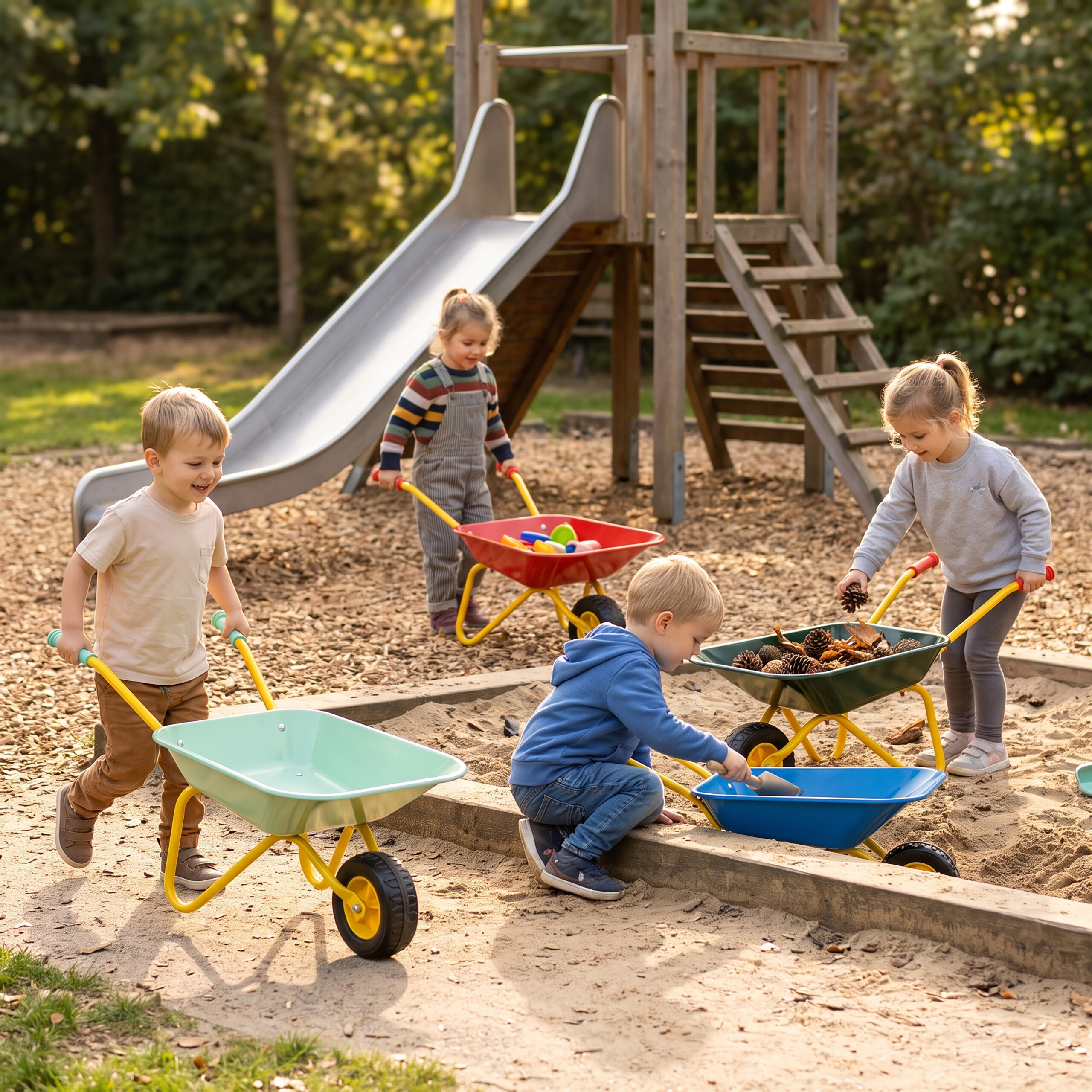 Vier kleine Kinder spielen auf einem Spielplatz mit bunten Schubkarren und Sand.