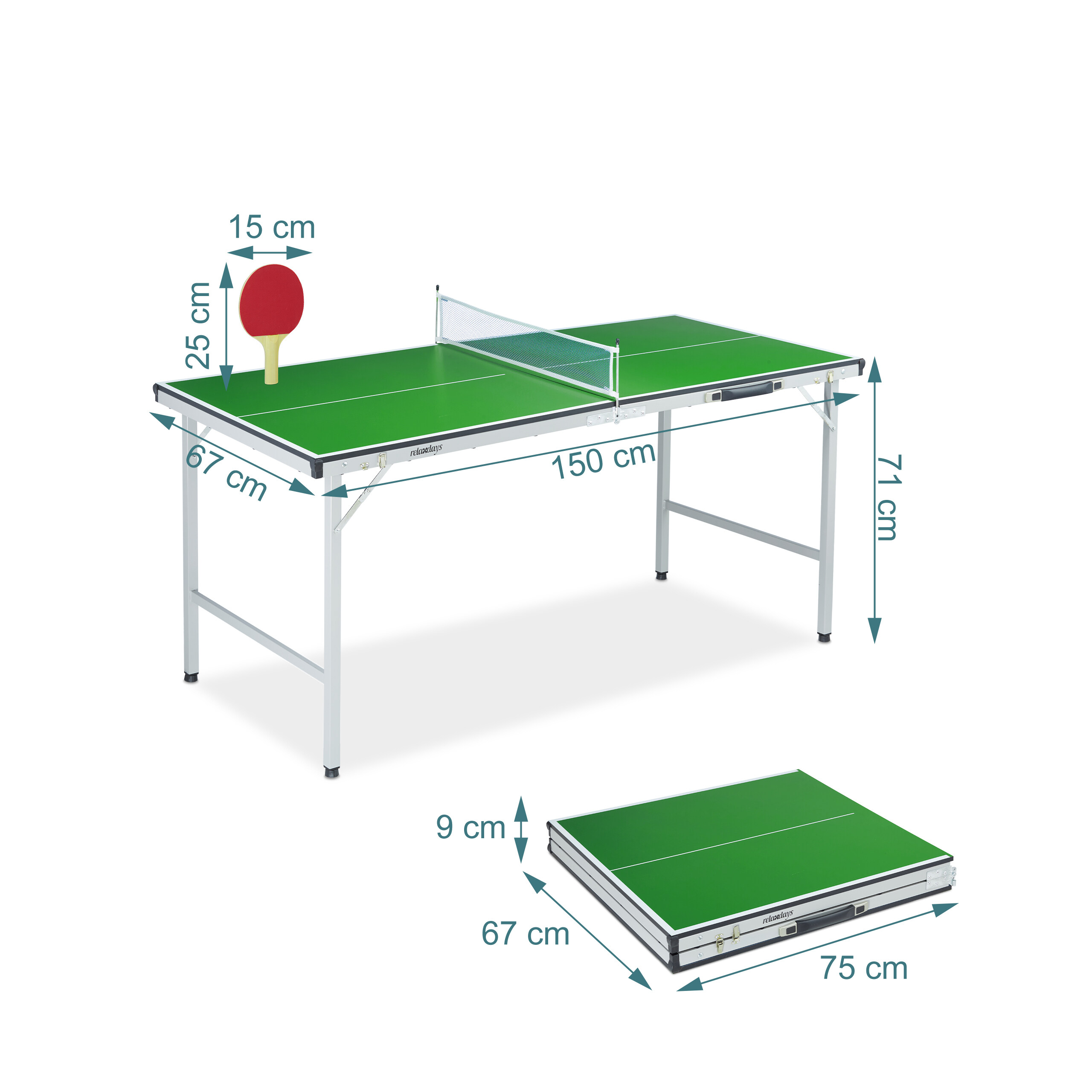 Grüne Tischtennisplatte mit Maßen, Netz und Schläger sowie zusammengeklappt als Koffer.