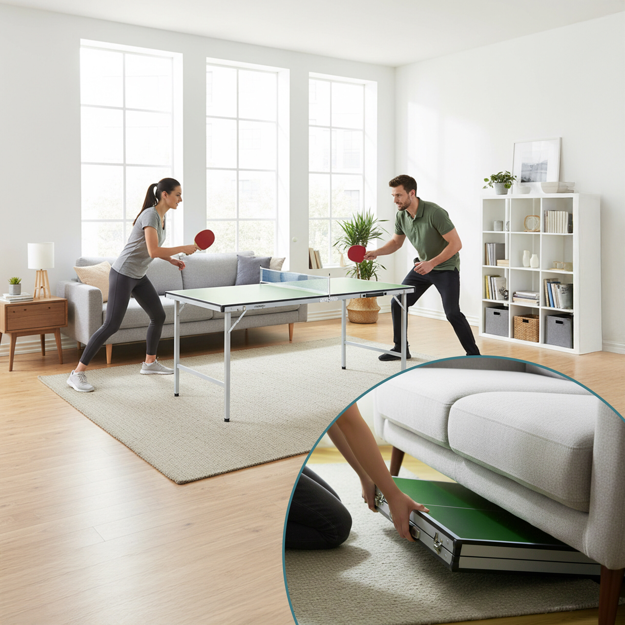 Ein Paar spielt Tischtennis im Wohnzimmer; ein kleiner Ausschnitt zeigt, wie der Tisch unter dem Sofa verstaut wird.