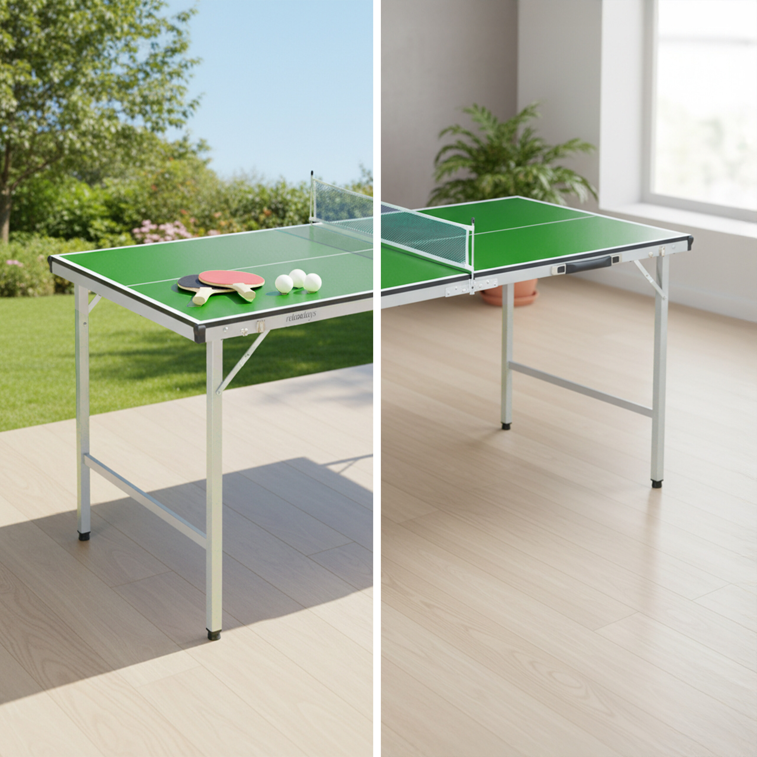 Ein grüner Klapptisch für Tischtennis mit Schlägern und Bällen, draußen und drinnen gezeigt.