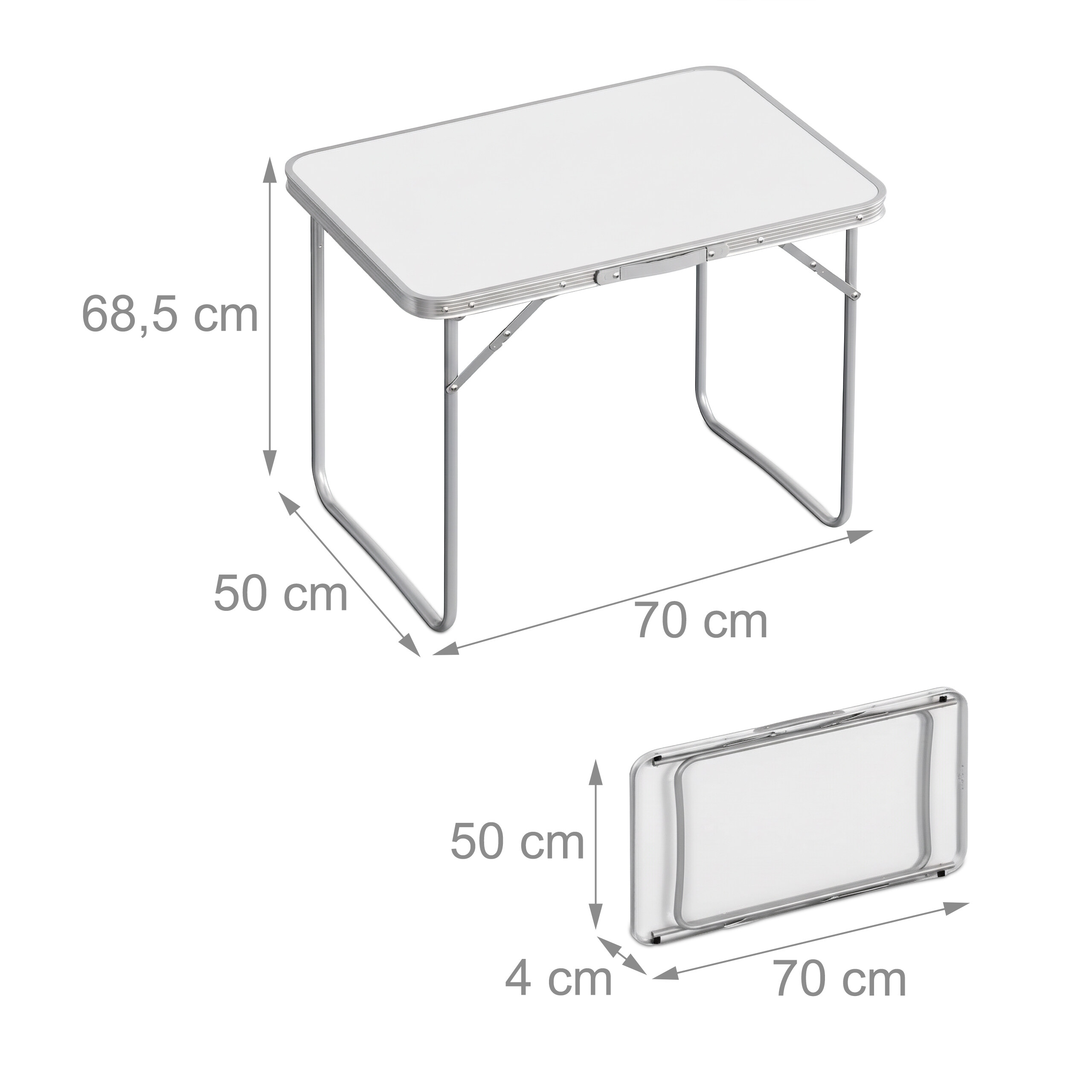 Ein weißer, klappbarer Campingtisch mit grauen Maßen und Abbildungen im zusammengeklappten Zustand auf weißem Hintergrund.