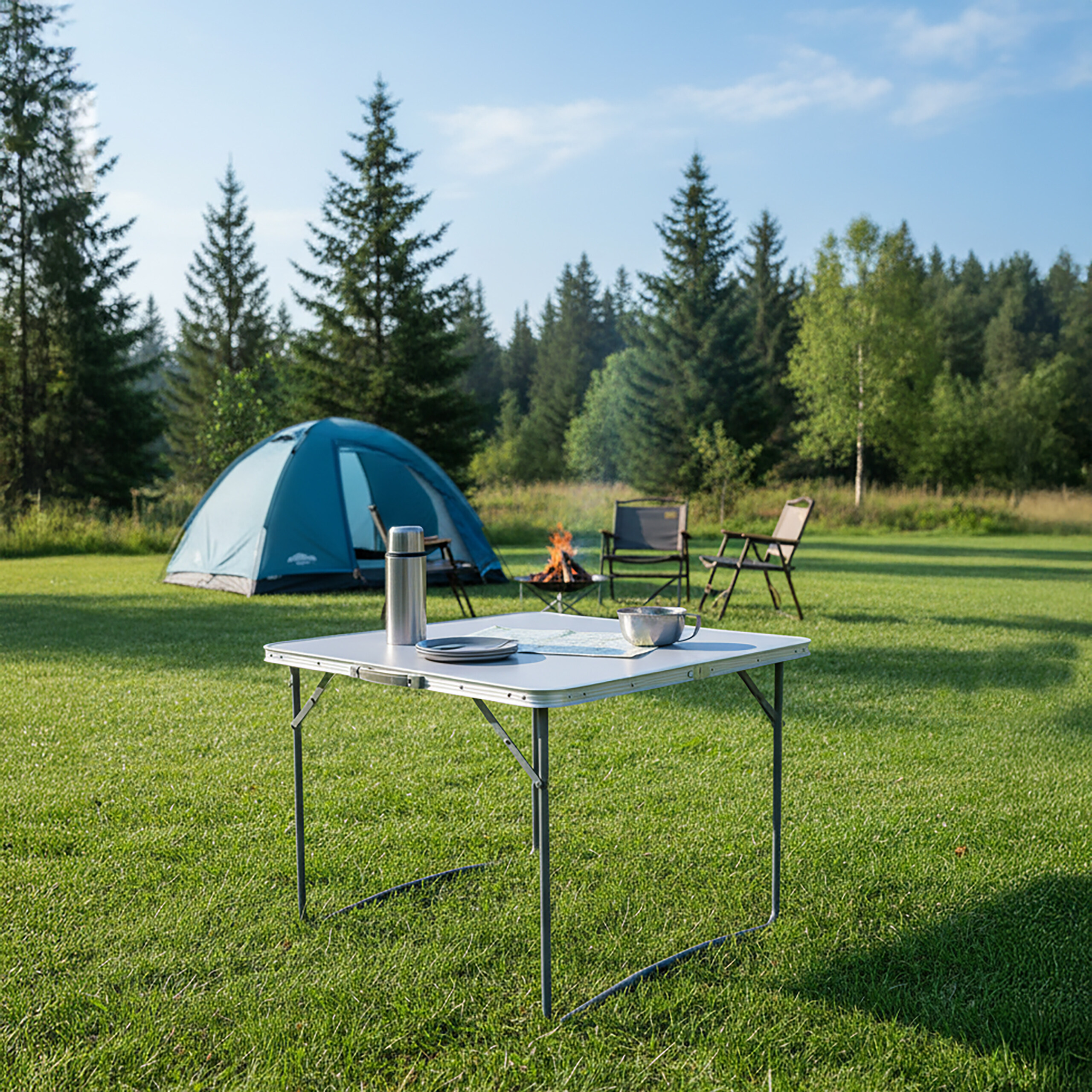 Ein Campingtisch mit Thermoskanne im Vordergrund, dahinter ein Zelt, Stühle und eine Feuerstelle in einem Wald.