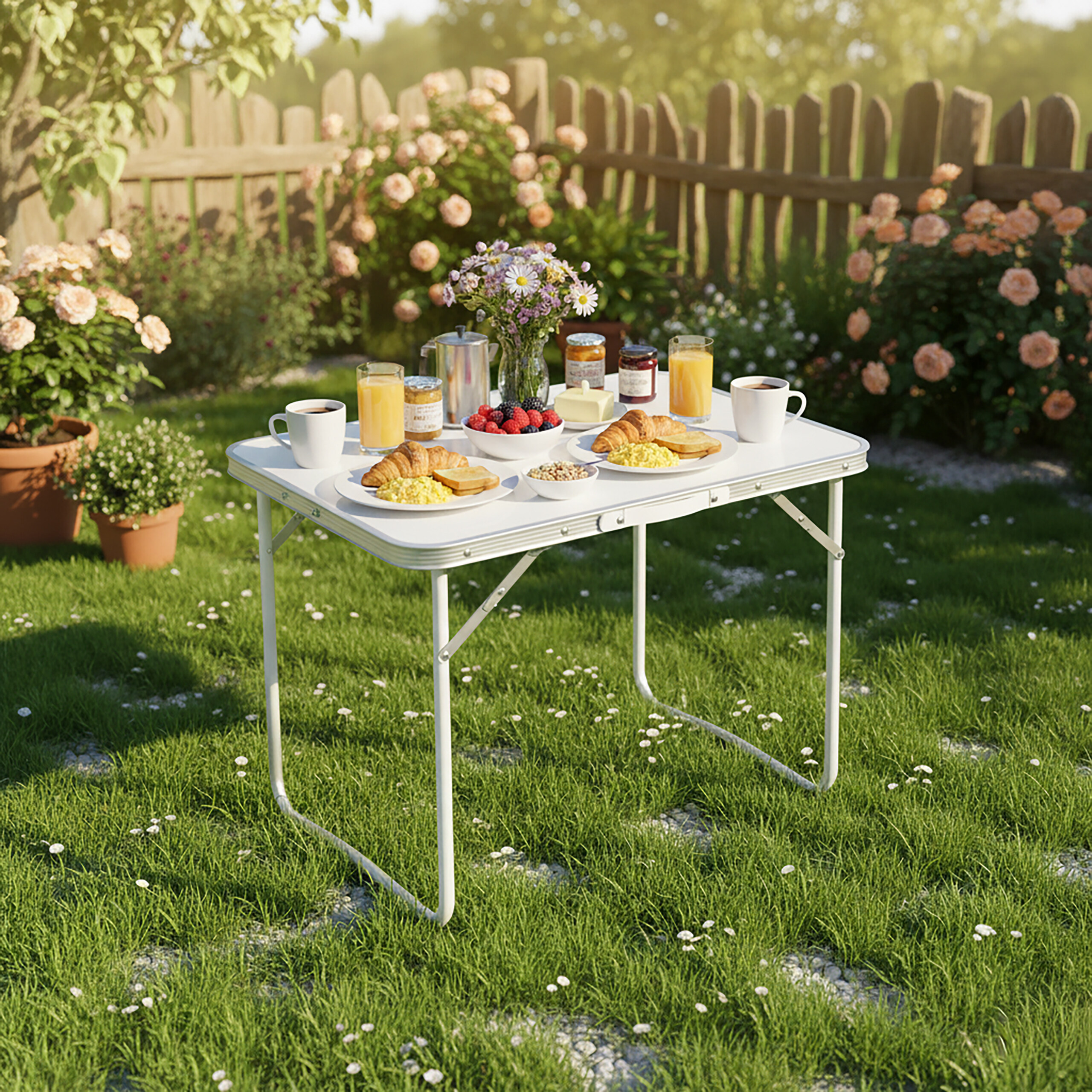Ein Frühstückstisch mit Kaffee, Saft, Croissants und Beeren im sonnigen Garten.