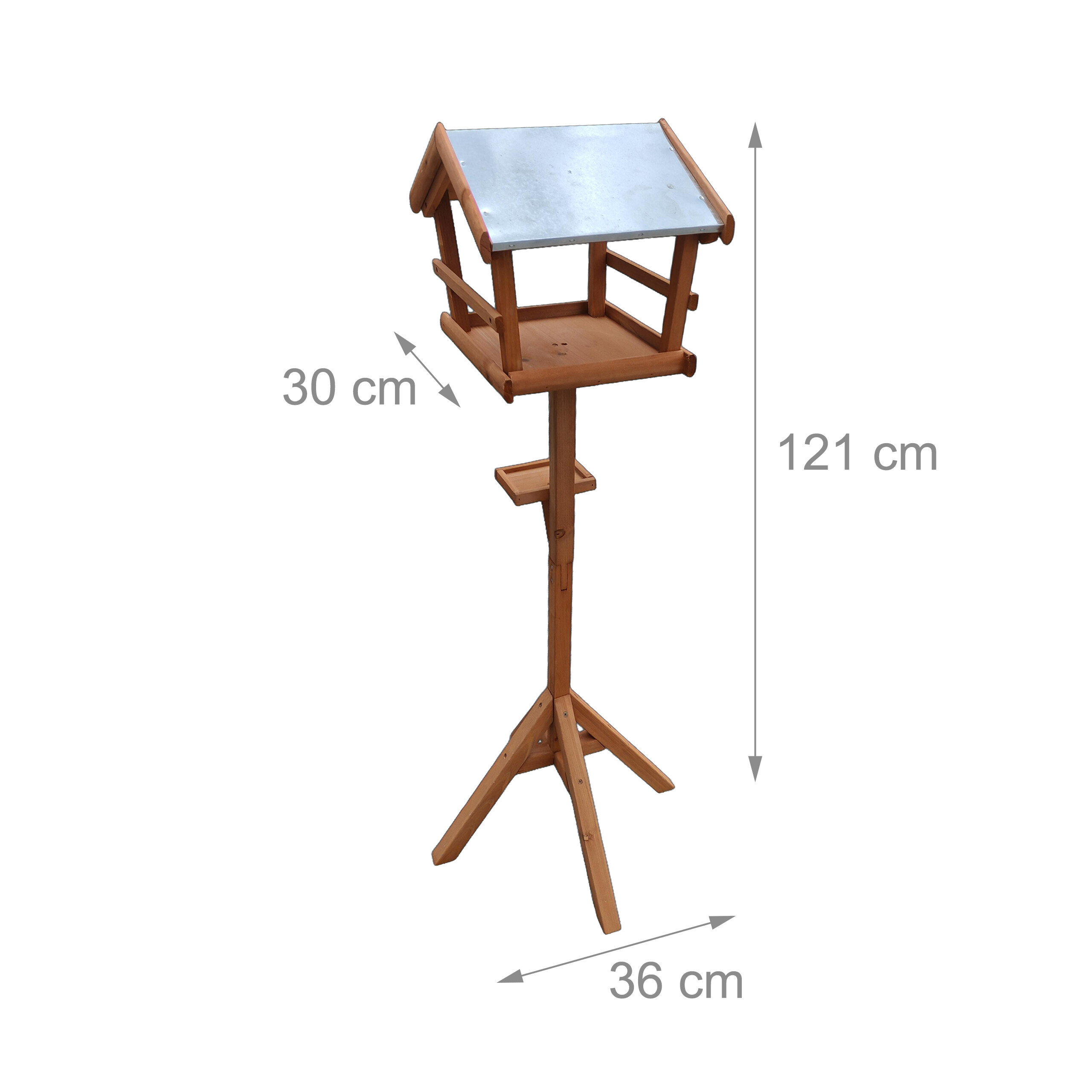 Holzvogelhaus auf einem Ständer mit Maßen von 30 cm, 36 cm und 121 cm.