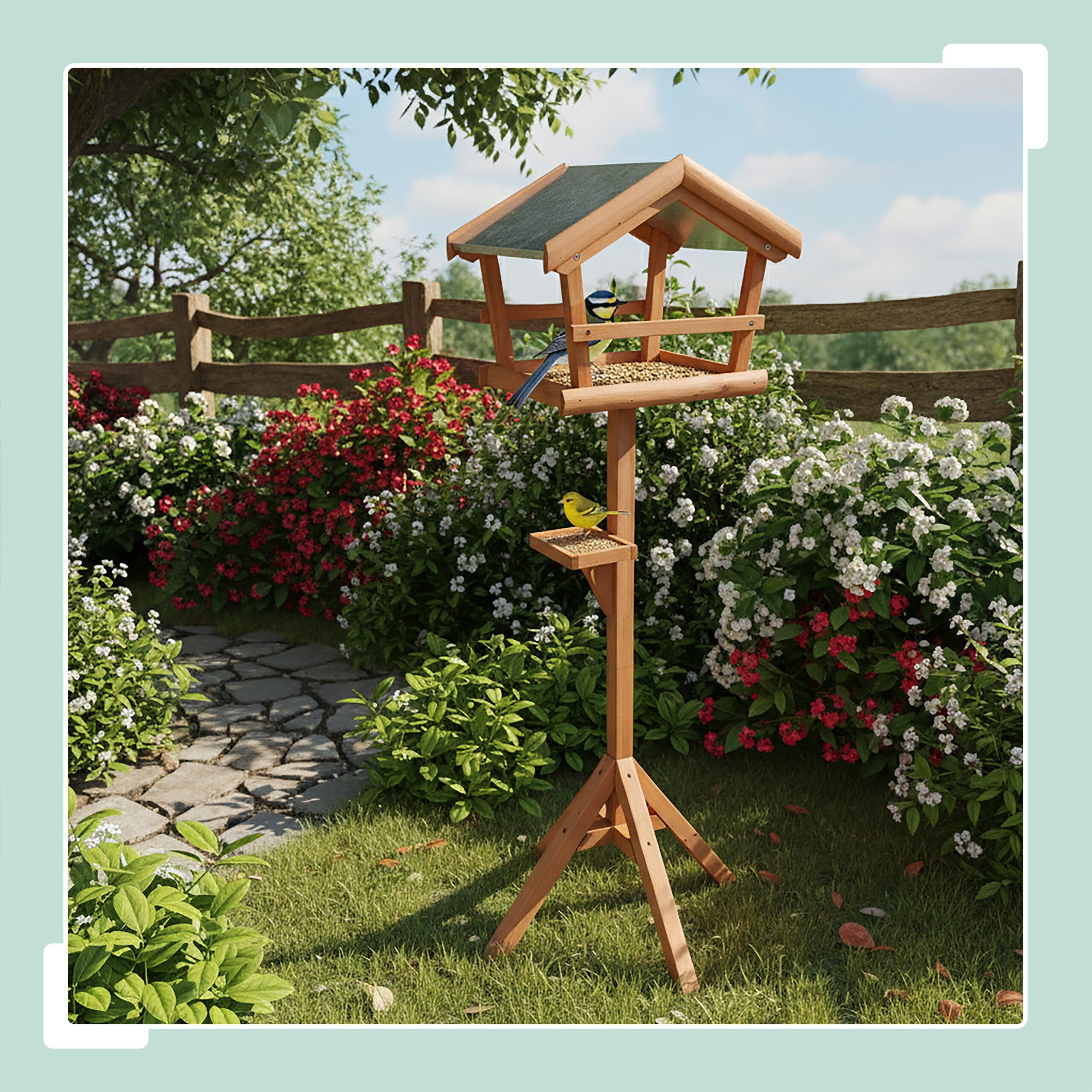 Ein hölzernes Vogelfutterhaus steht im Garten mit bunten Blumen und einer Steinweg.