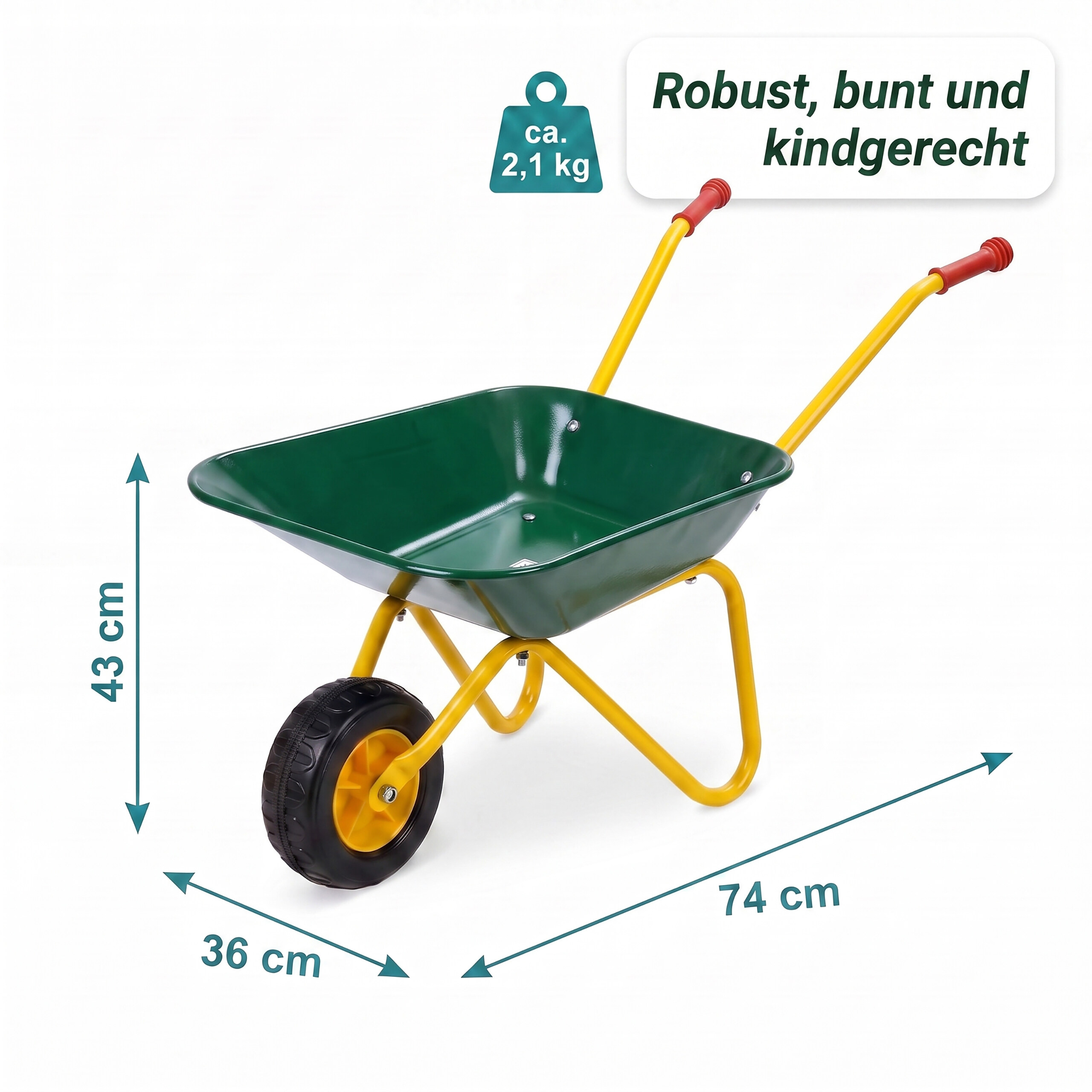 Eine grüne Kinder-Schubkarre mit gelbem Gestell und Maßen von 74x36x43 cm sowie 2,1 kg Gewicht.