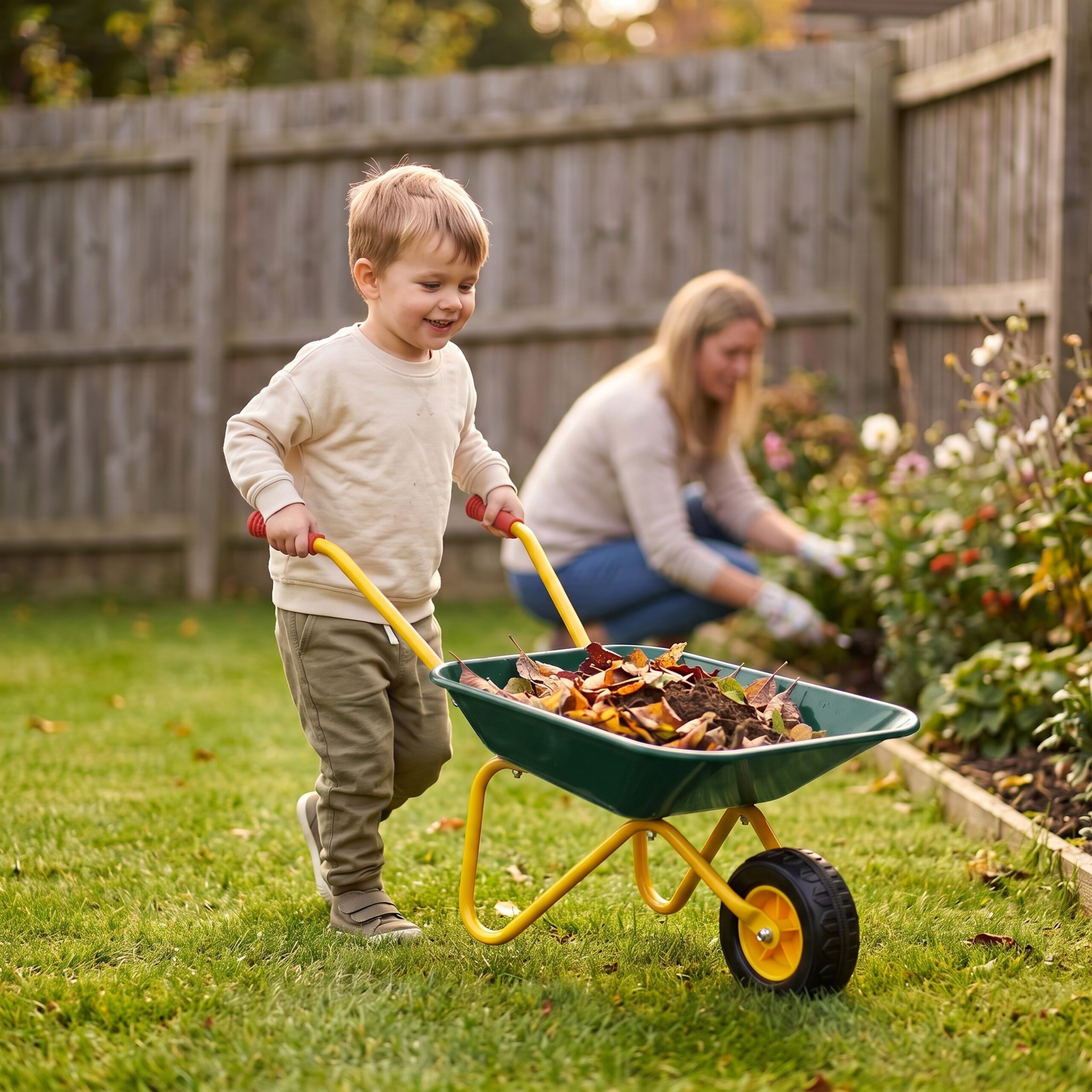 Kleiner Junge schiebt eine grüne Schubkarre voller Blätter im Garten, während eine Frau im Hintergrund Gärtnert.