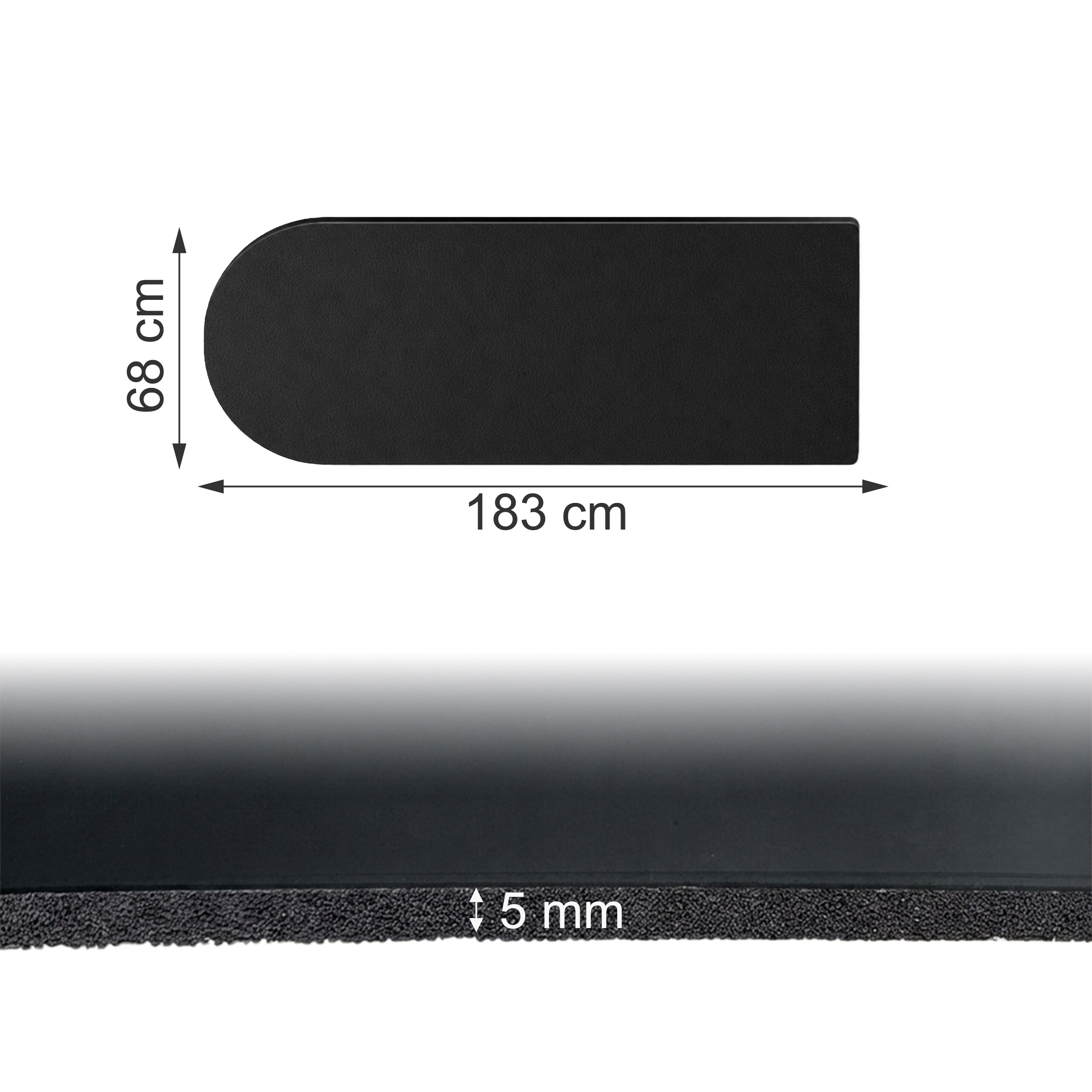 Technische Zeichnung und Seitenansicht einer schwarzen Matte mit Maßen von 183x68 cm und 5 mm Dicke.