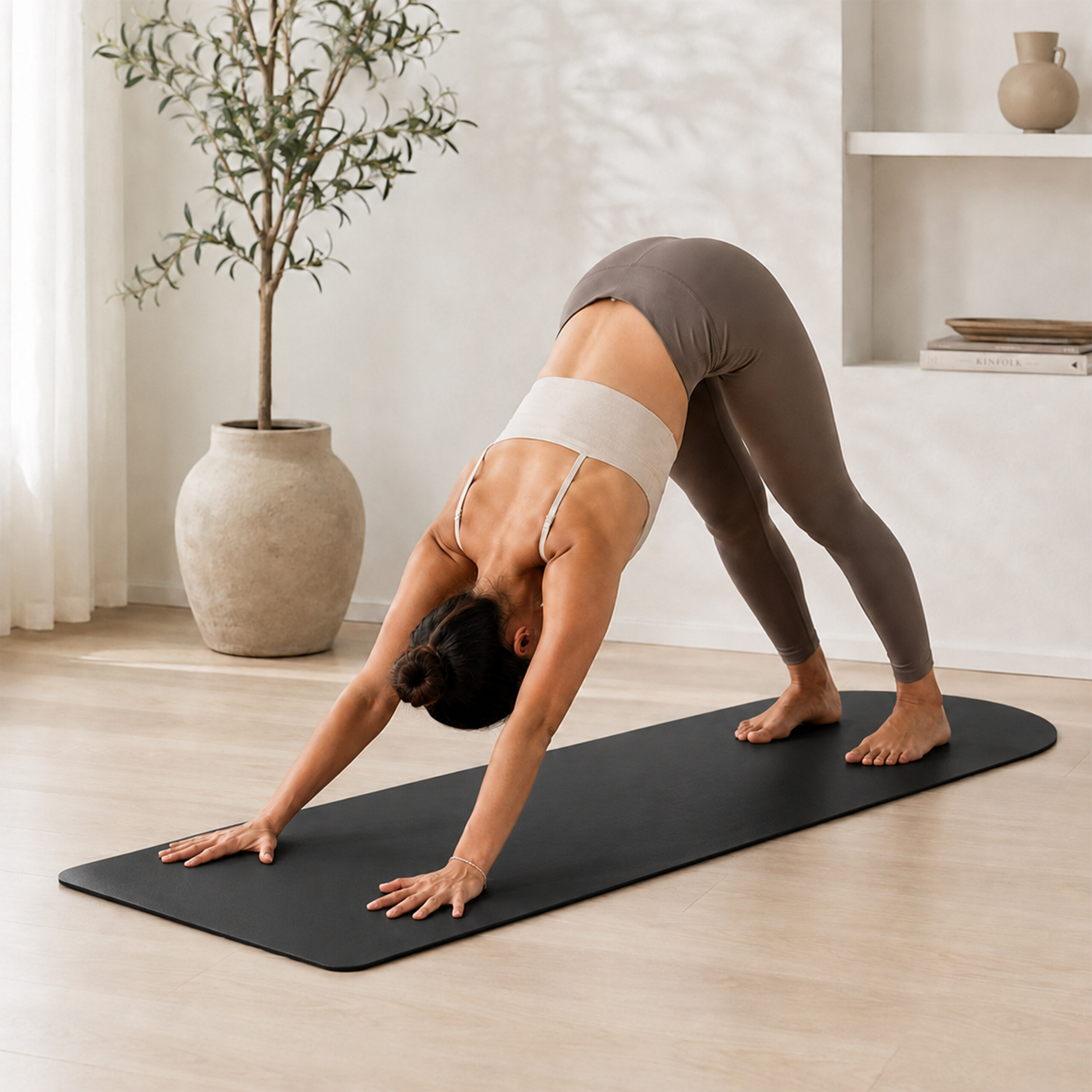 Eine Frau in grauen Leggings und einem beige Top macht die Yoga-Pose des herabschauenden Hundes.