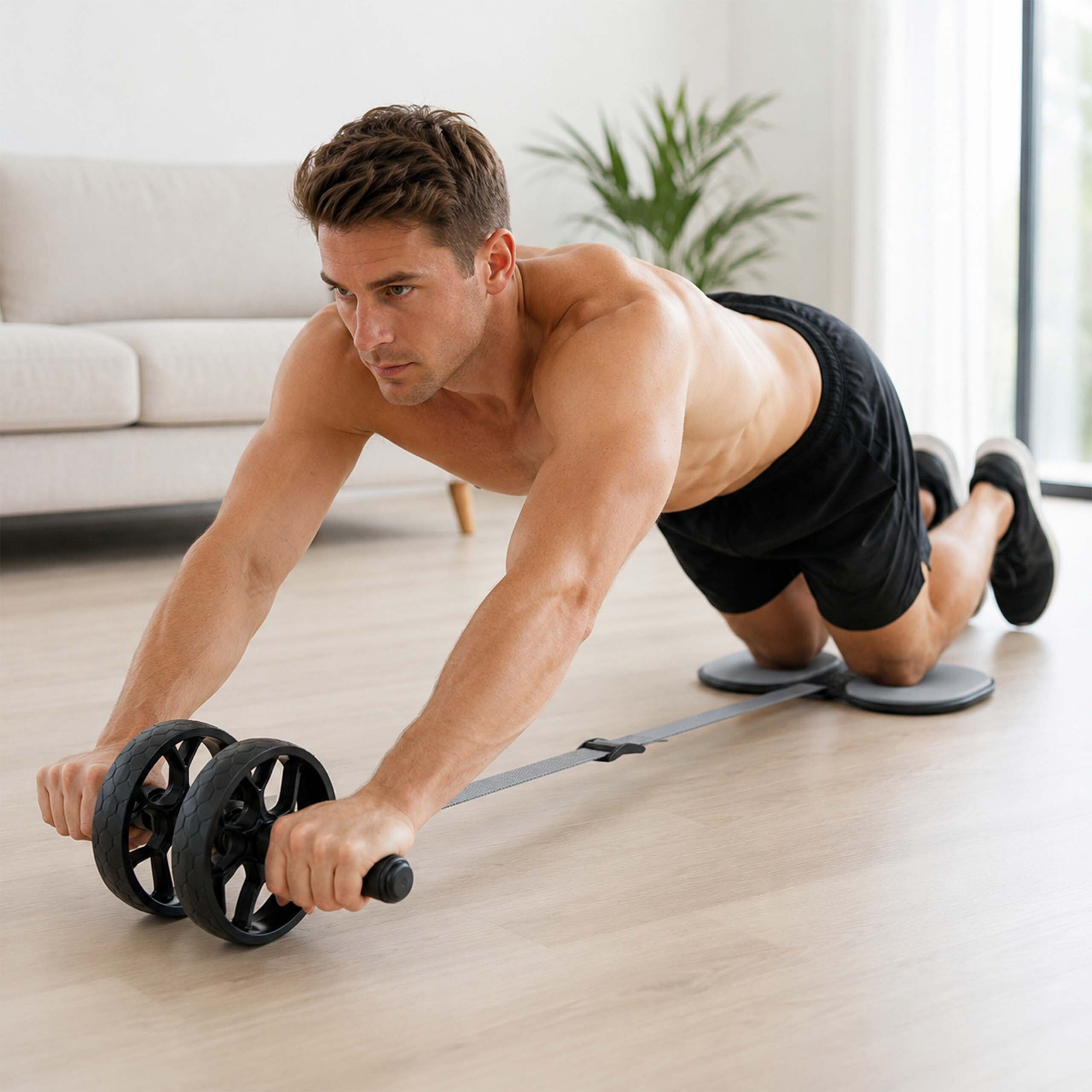 Ein shirtless Mann kniet auf runden Matten und trainiert mit einem Bauchmuskelroller auf einem Holzboden.