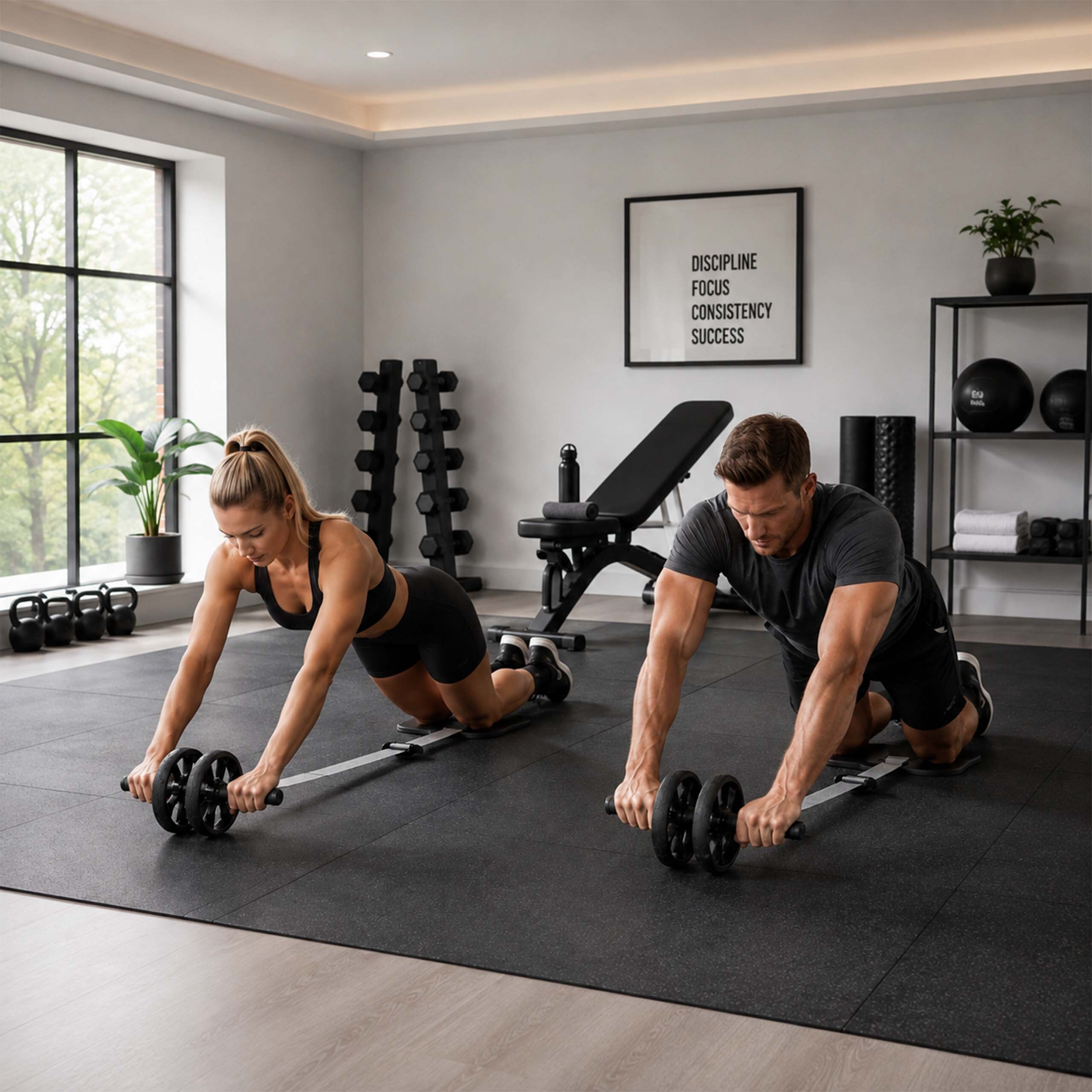 Ein Mann und eine Frau knien auf Matten im Fitnessstudio und trainieren mit Bauchmuskelrollen.