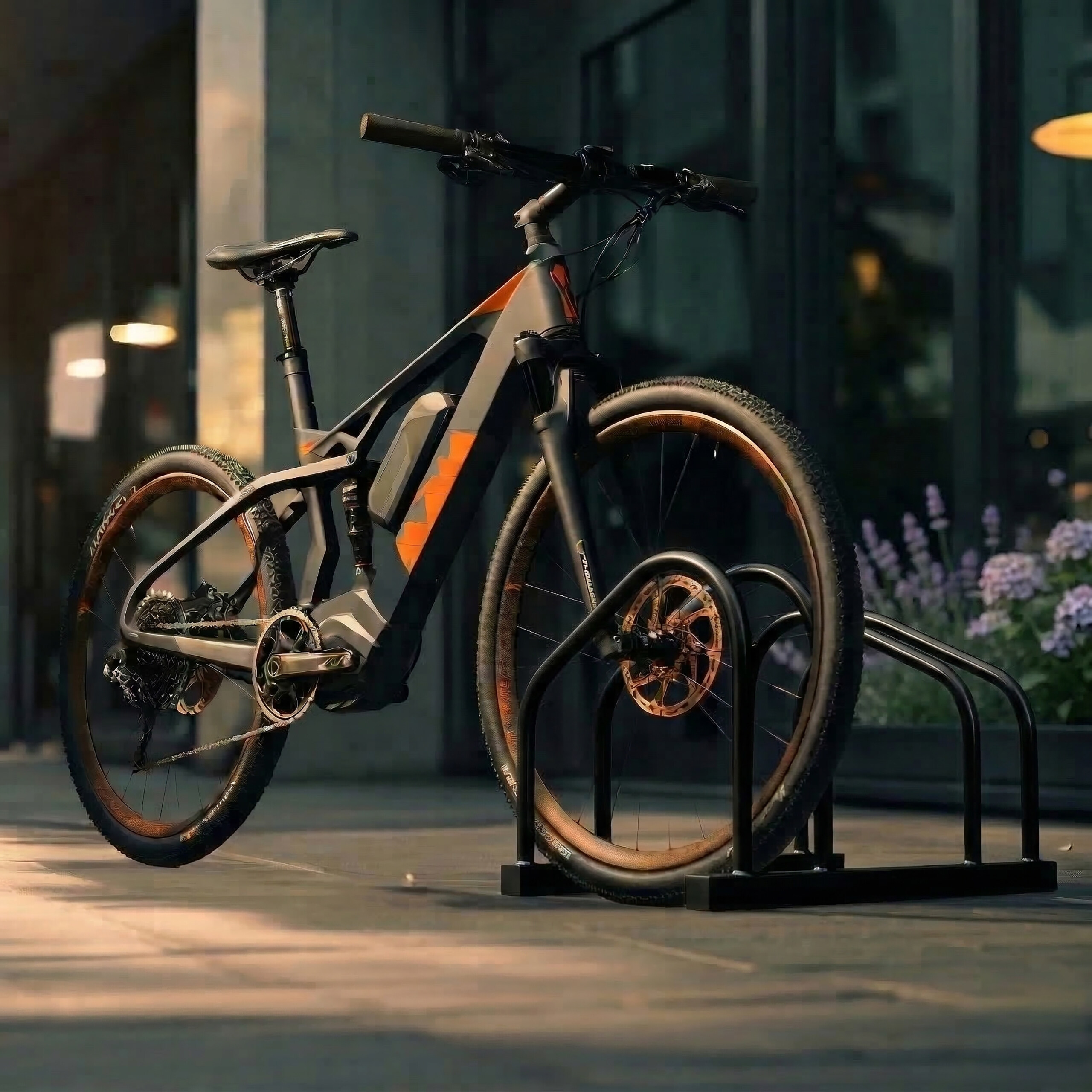 Ein schwarz-oranges Elektro-Mountainbike steht vor einem Glasgebäude in einem Metallständer auf einem Bürgersteig.