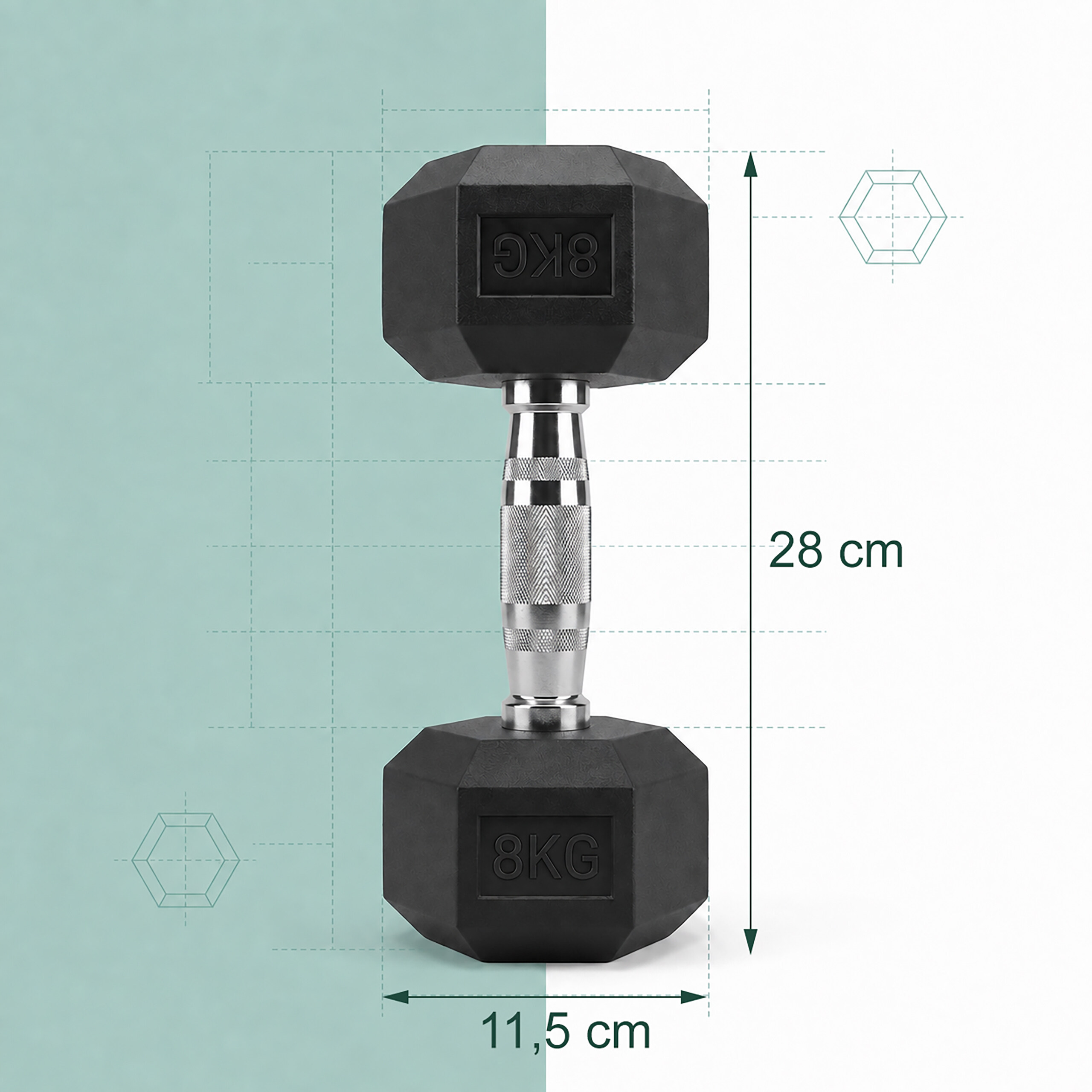 Eine 8-kg-Hantel mit Abmessungen von 28 cm Höhe und 11,5 cm Breite vor einem blau-weißen Hintergrund mit Linien.
