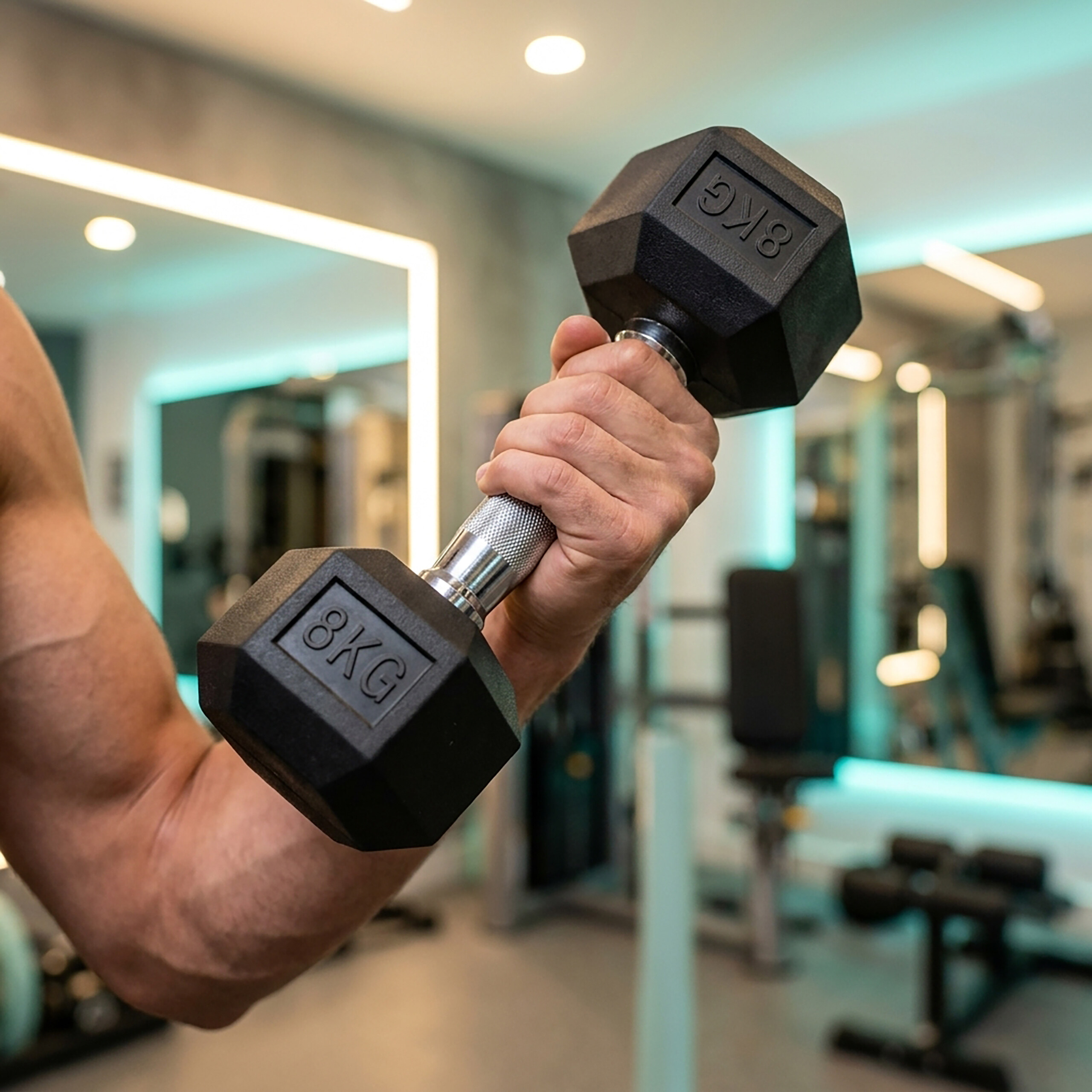 Eine Hand hält eine schwarze 8kg Hantel in einem Fitnessstudio.