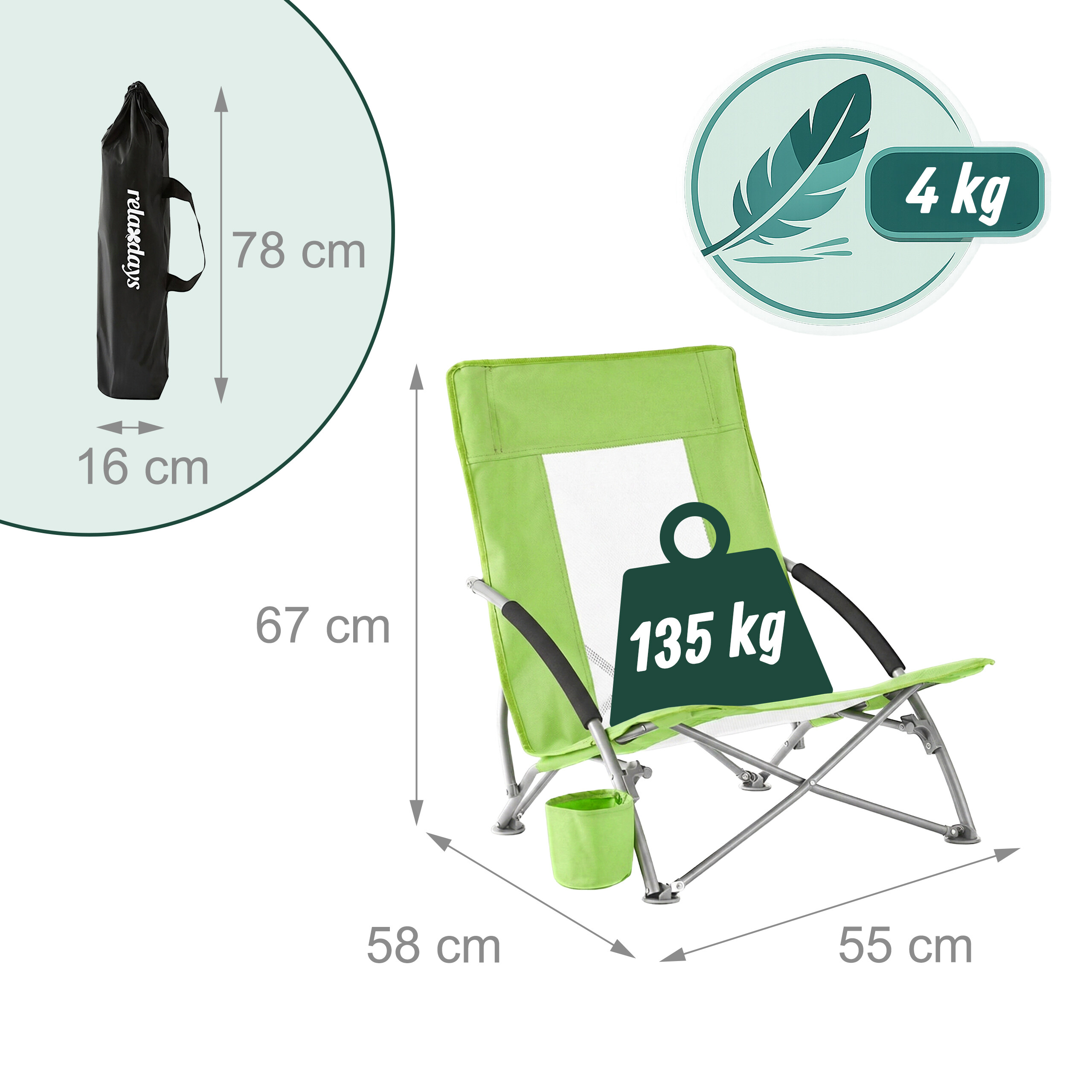 Grüner Klappstuhl mit Maßen, 135kg Last, wiegt 4kg und hat eine Tragetasche.