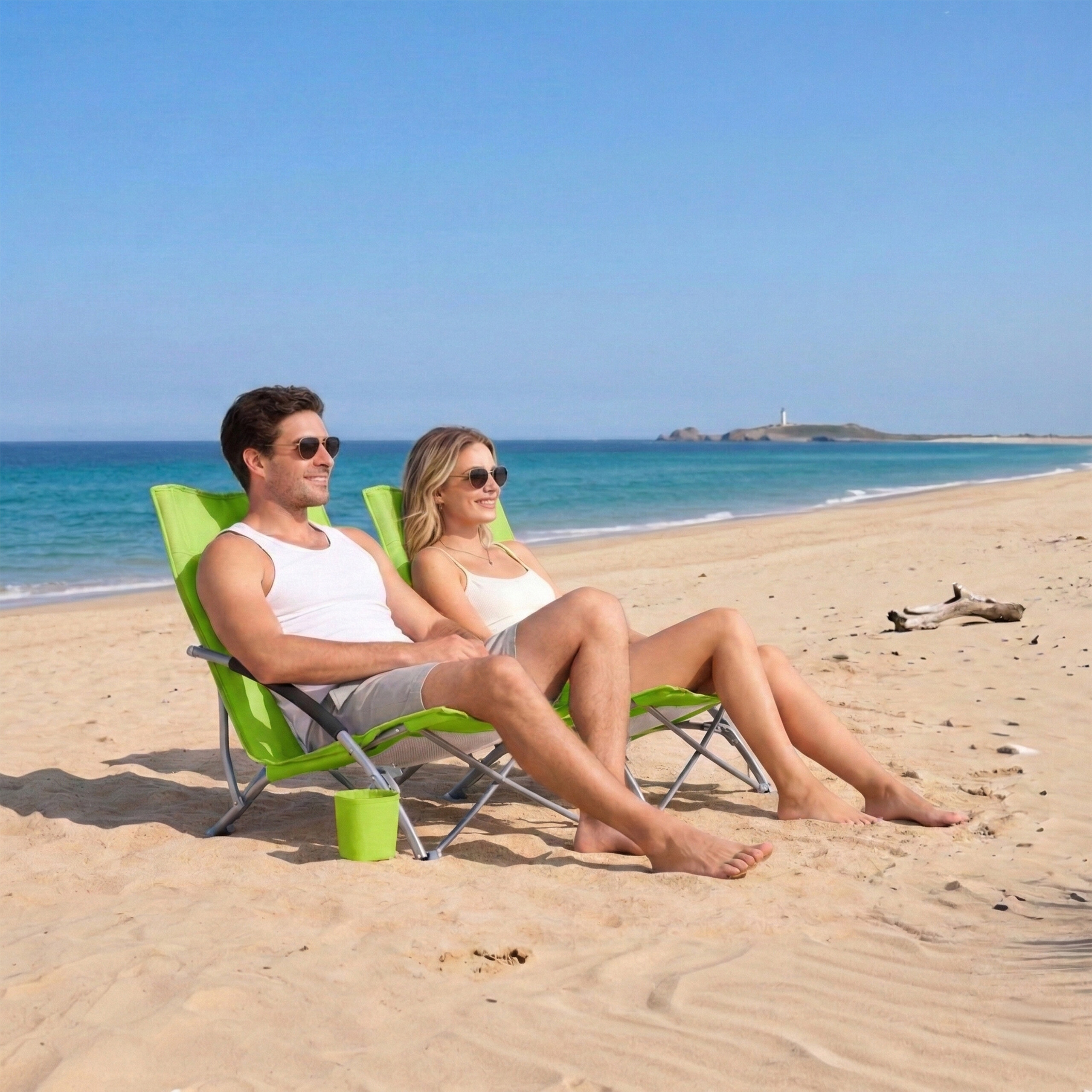 Paar sitzt in grünen Liegestühlen am Strand und schaut auf das Meer.