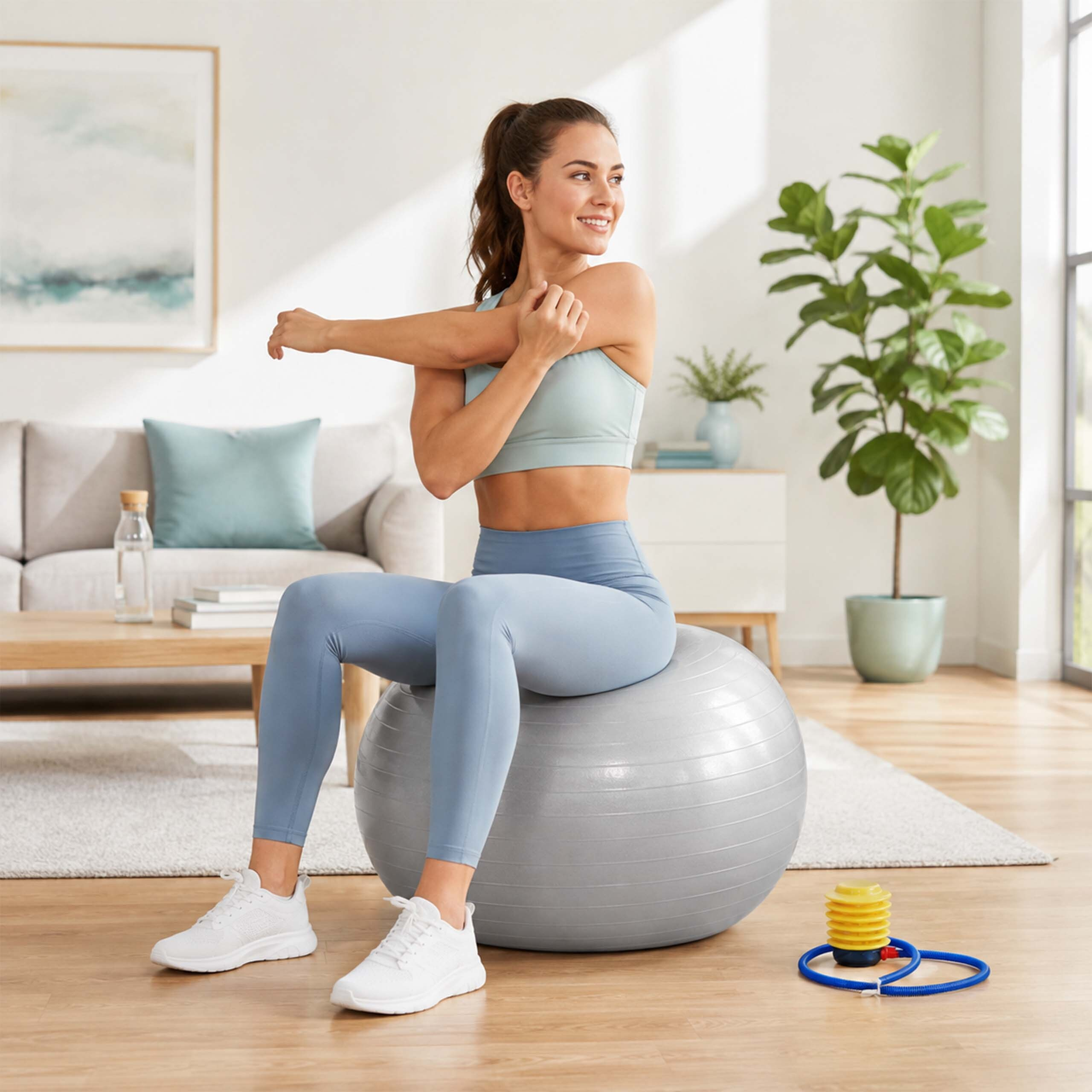 Eine Frau in Sportkleidung dehnt sich auf einem Gymnastikball in einem hellen Wohnzimmer mit Pflanzen und Sofa.