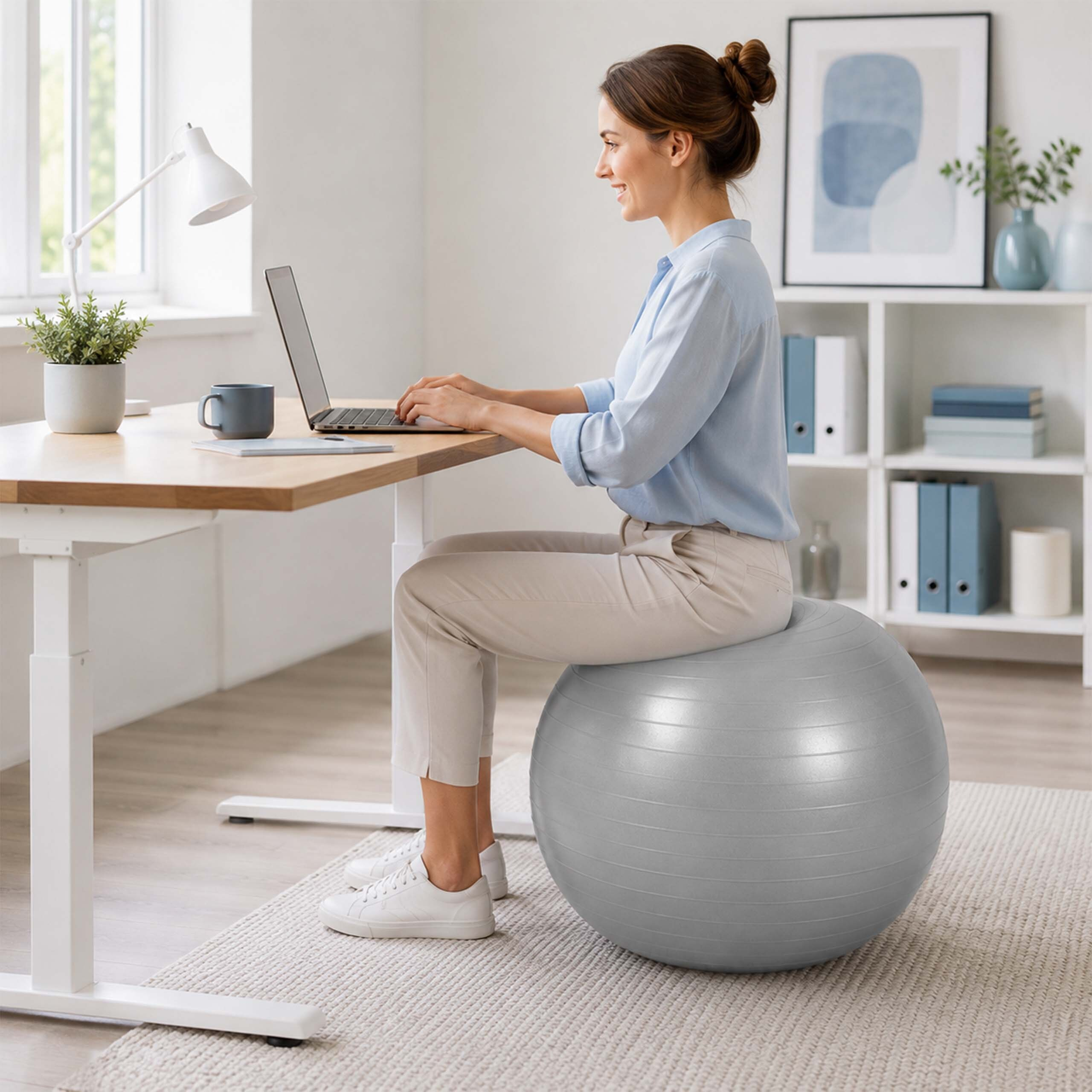 Eine lächelnde Frau sitzt auf einem grauen Gymnastikball und arbeitet an einem Laptop an einem Holztisch.