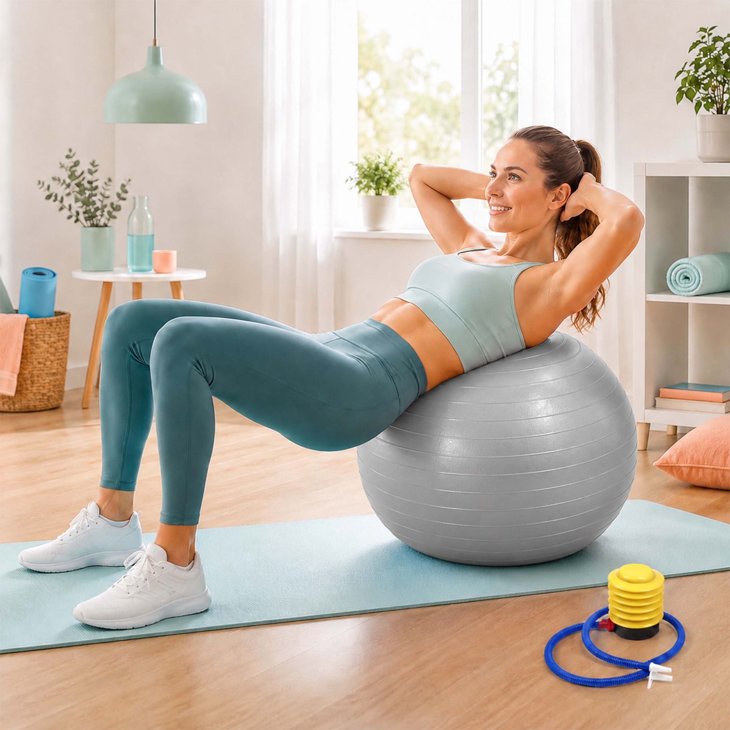 Eine lächelnde Frau in Sportbekleidung macht Sit-ups auf einem grauen Gymnastikball in einem hellen Raum.