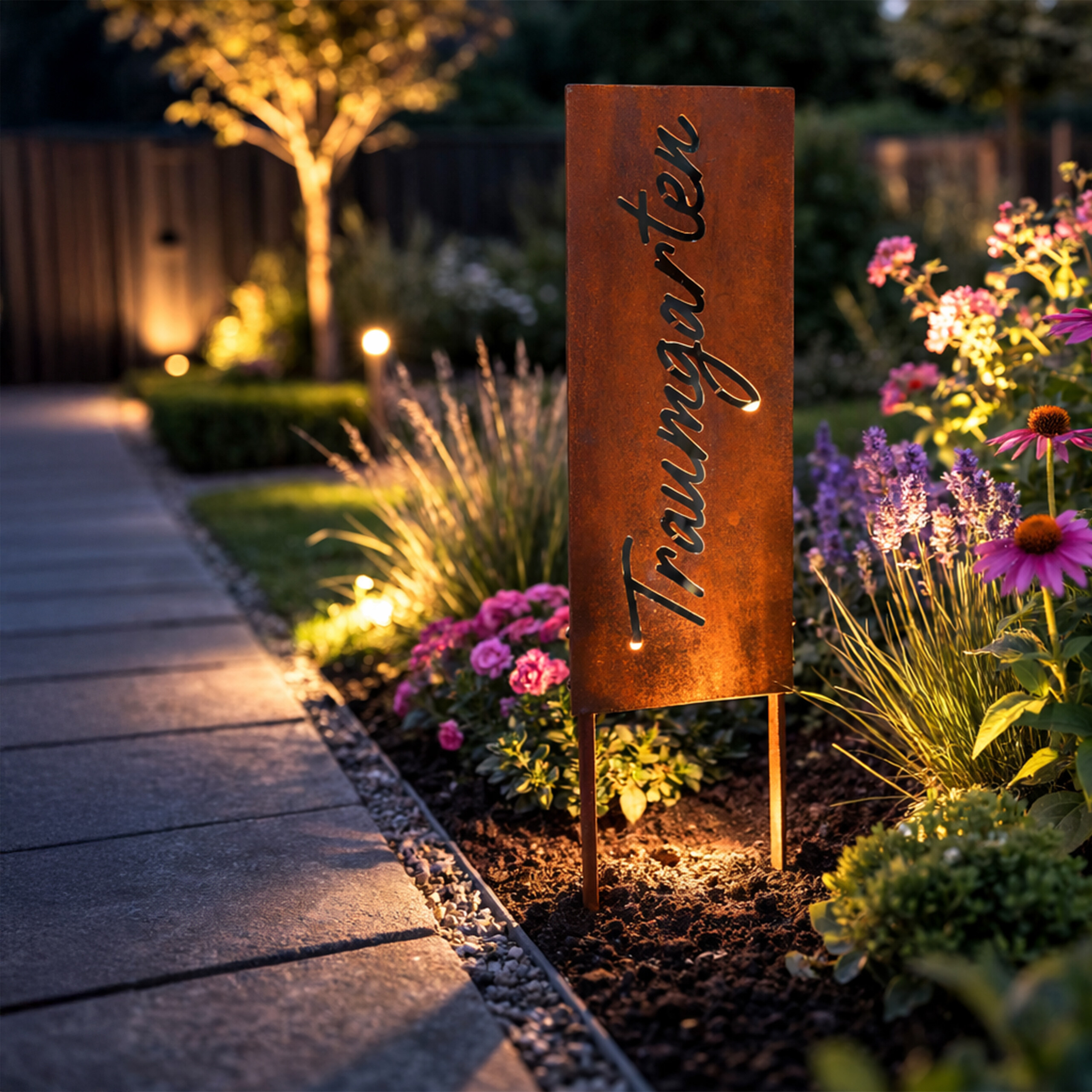 Rostiges Gartenschild mit beleuchteter Aufschrift im Garten neben einem gepflasterten Weg bei Dämmerung.