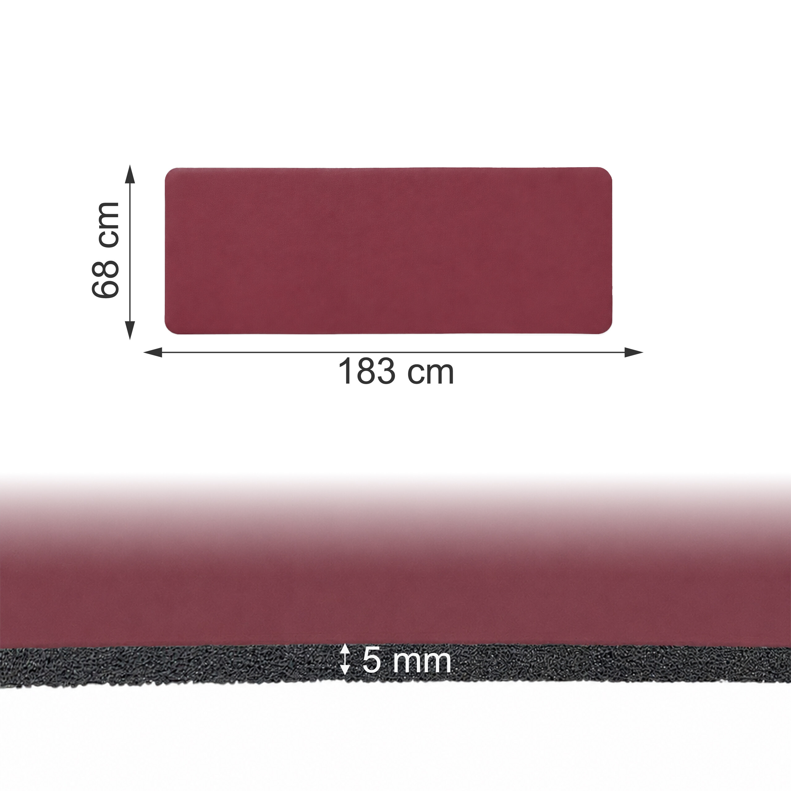 Weinrote Yogamatte, 183 cm lang, 68 cm breit und 5 mm dick.