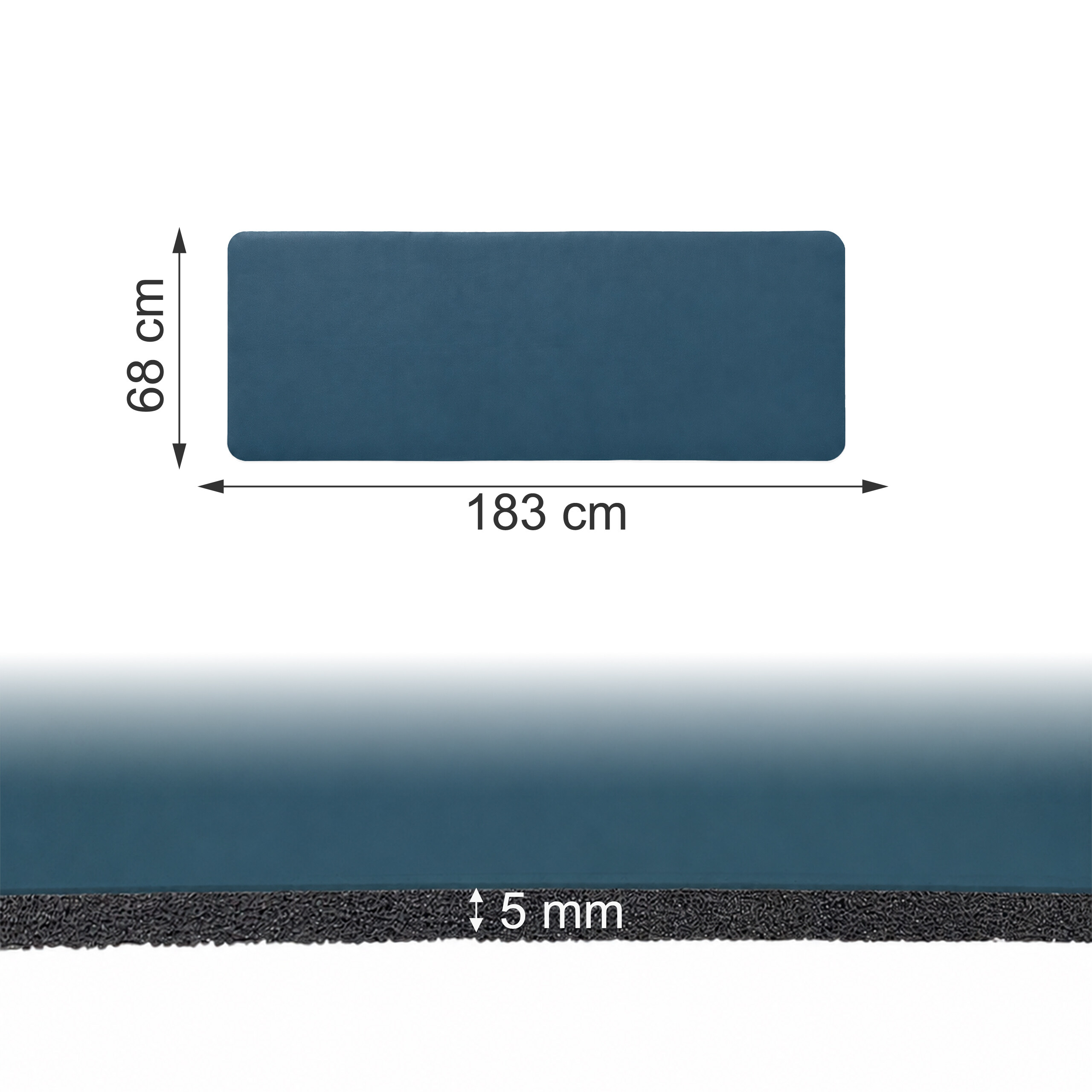 Diagramm einer blauen Matte mit den Maßen 183x68 cm und einer Dicke von 5 mm.