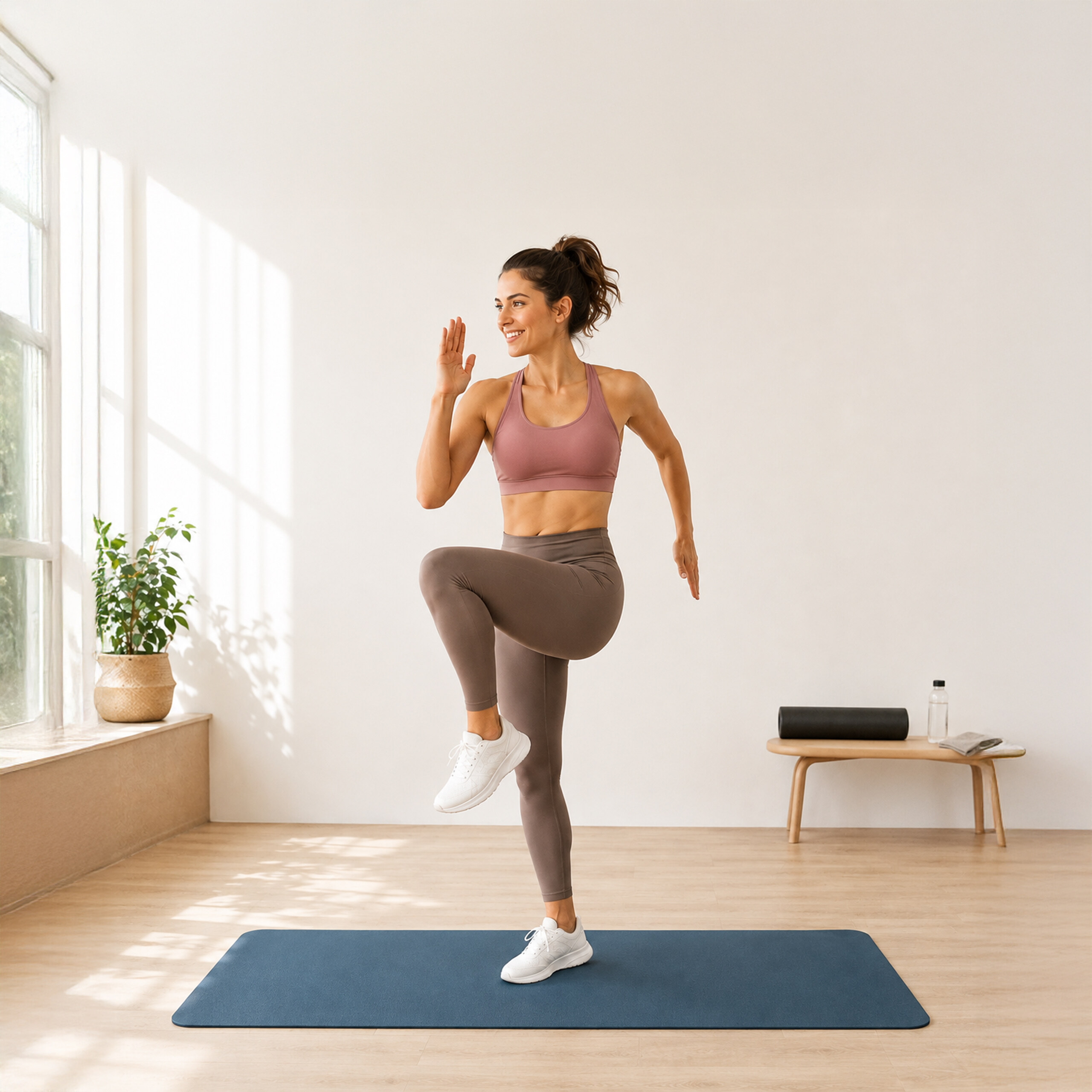 Eine Frau in Sportkleidung macht Übungen auf einer blauen Matte in einem hellen Raum.
