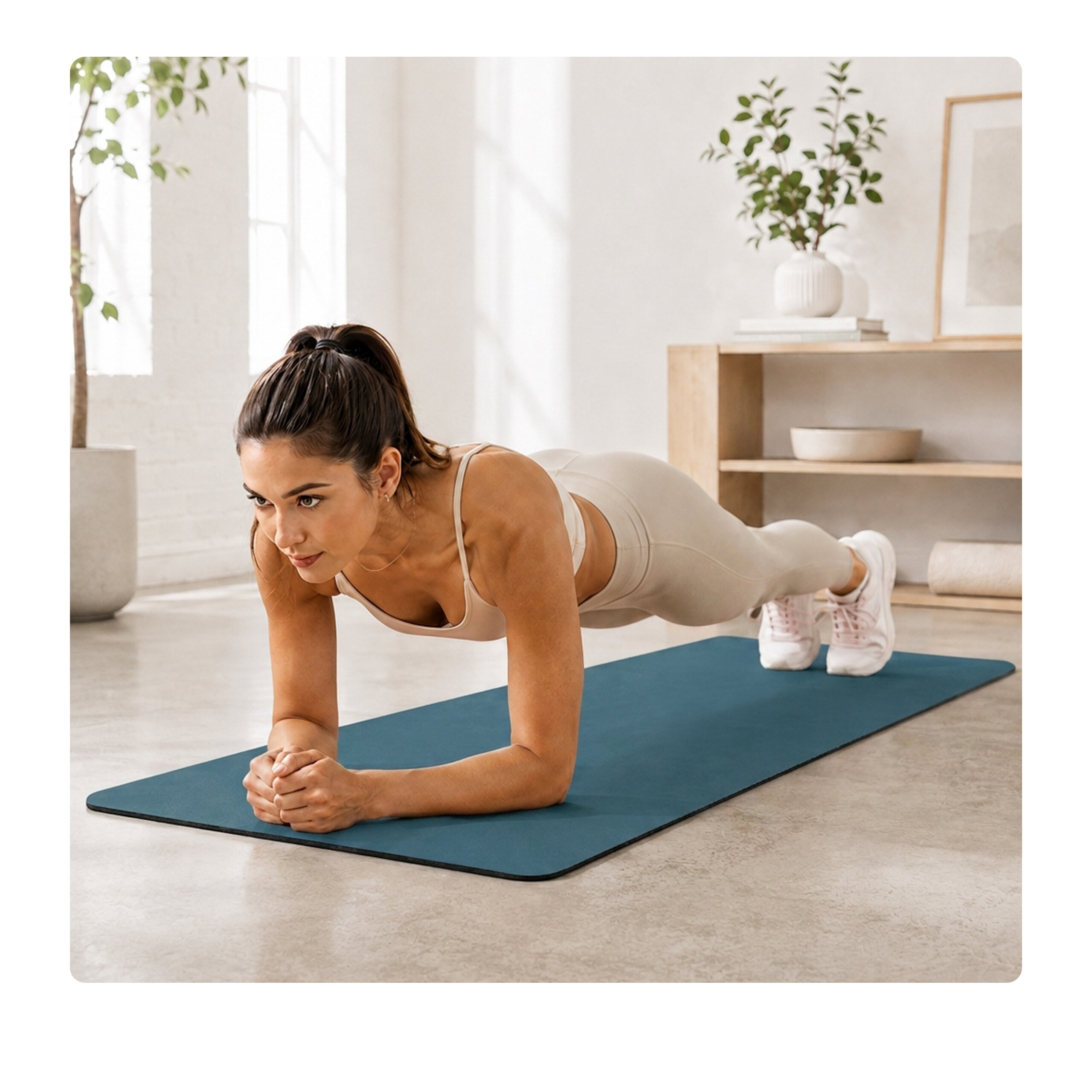 Eine Frau in Sportkleidung macht eine Unterarmstütze auf einer blauen Yogamatte in einem hellen Raum.