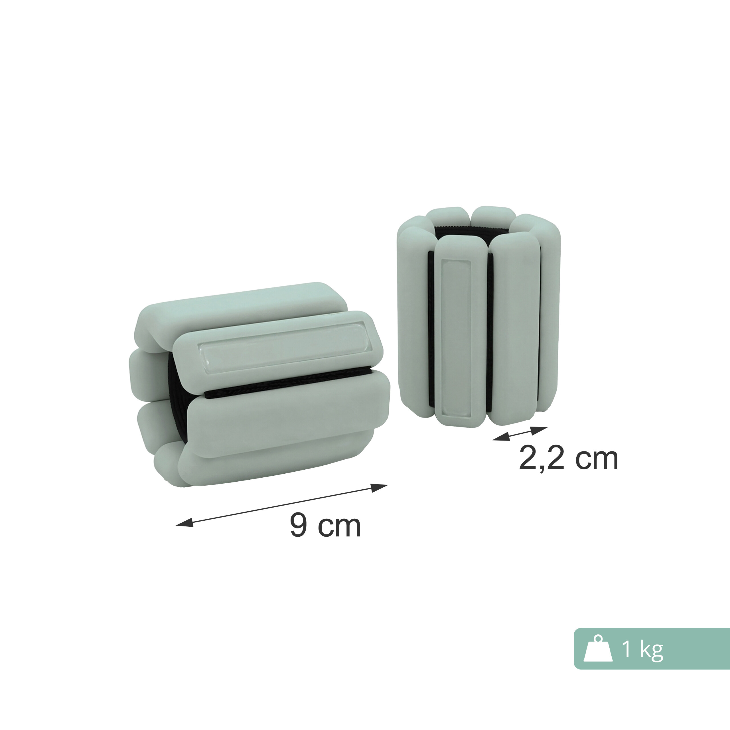 Zwei hellgrüne 1 kg Gewichtsmanschetten mit Maßen von 9 cm und 2,2 cm auf weißem Hintergrund.