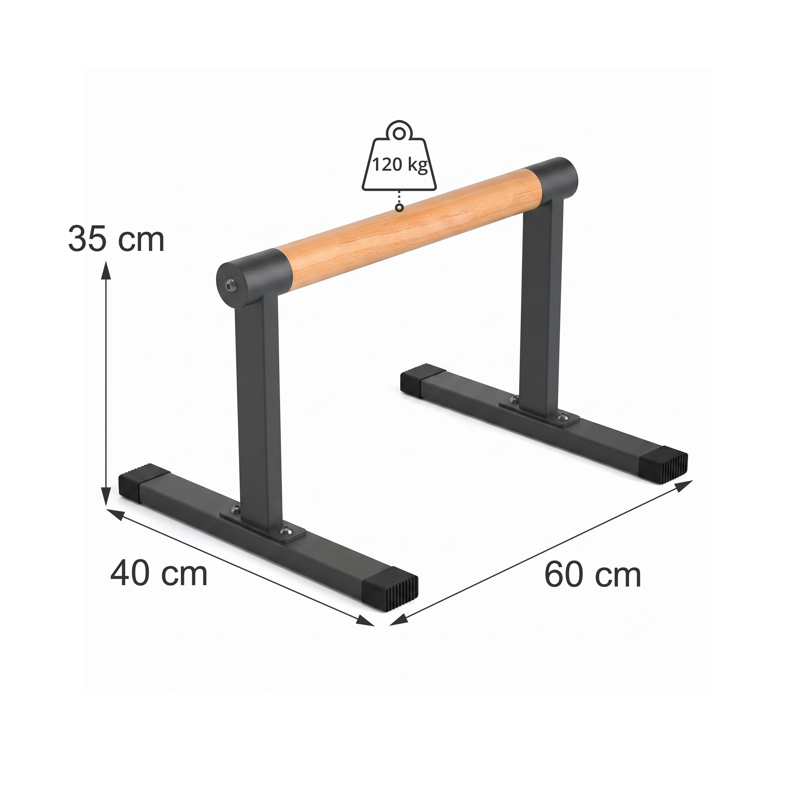 Parallettes für Fitness mit Holzstange und schwarzen Metallfüßen, Abmessungen und 120 kg Belastbarkeit.