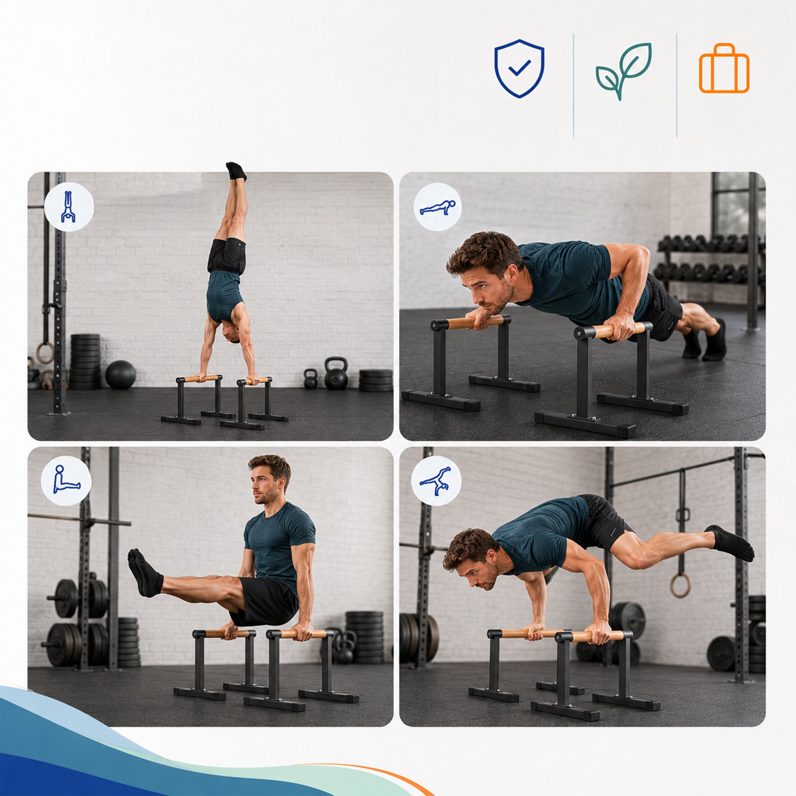 Vierteiliges Bild eines Mannes, der in einem Fitnessstudio Calisthenics an Barren macht.
