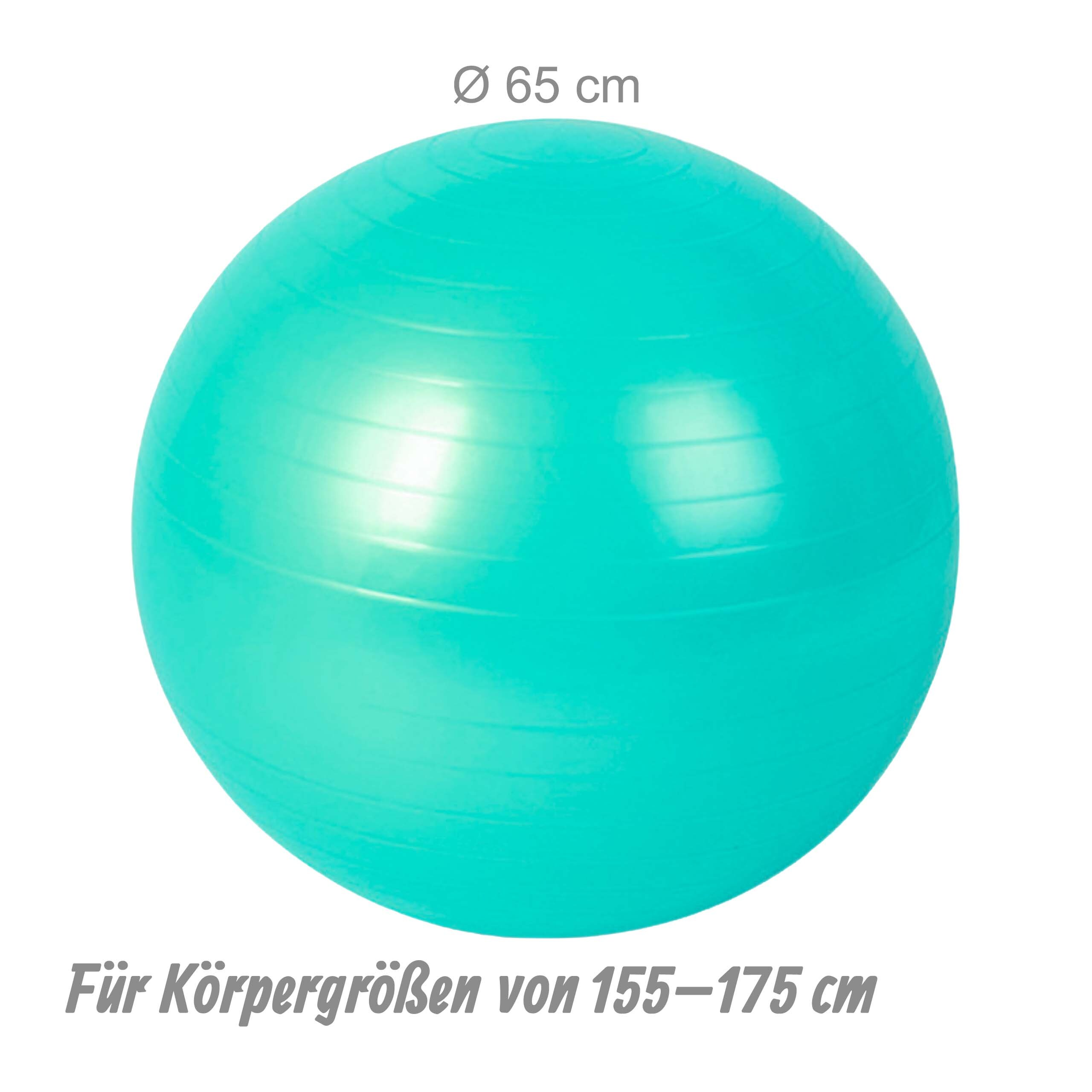 Ein türkisfarbener Gymnastikball mit 65 cm Durchmesser, geeignet für Körpergrößen von 155 bis 175 cm.