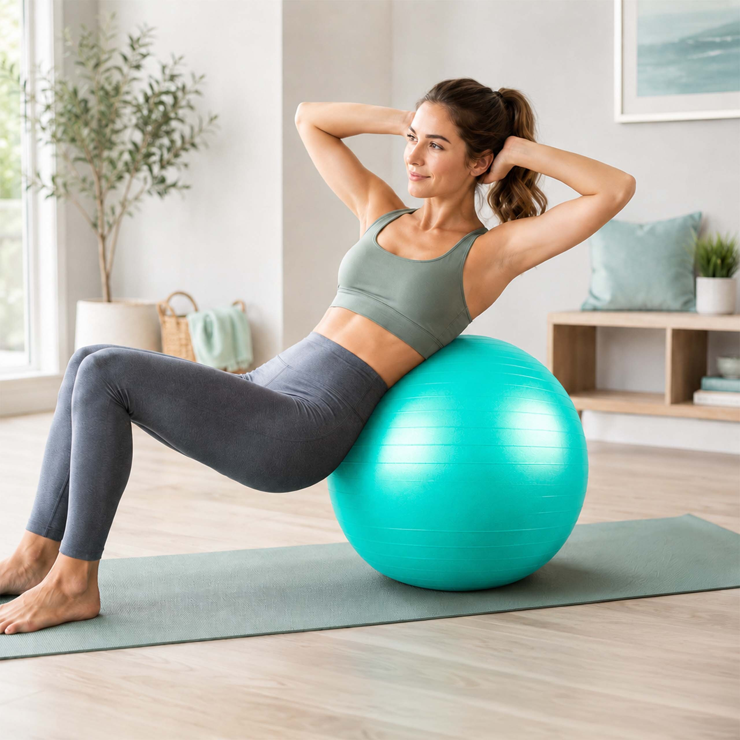 Eine Frau in grauem Sportoutfit macht Crunches auf einem türkisfarbenen Pezziball in einem hellen Zimmer.