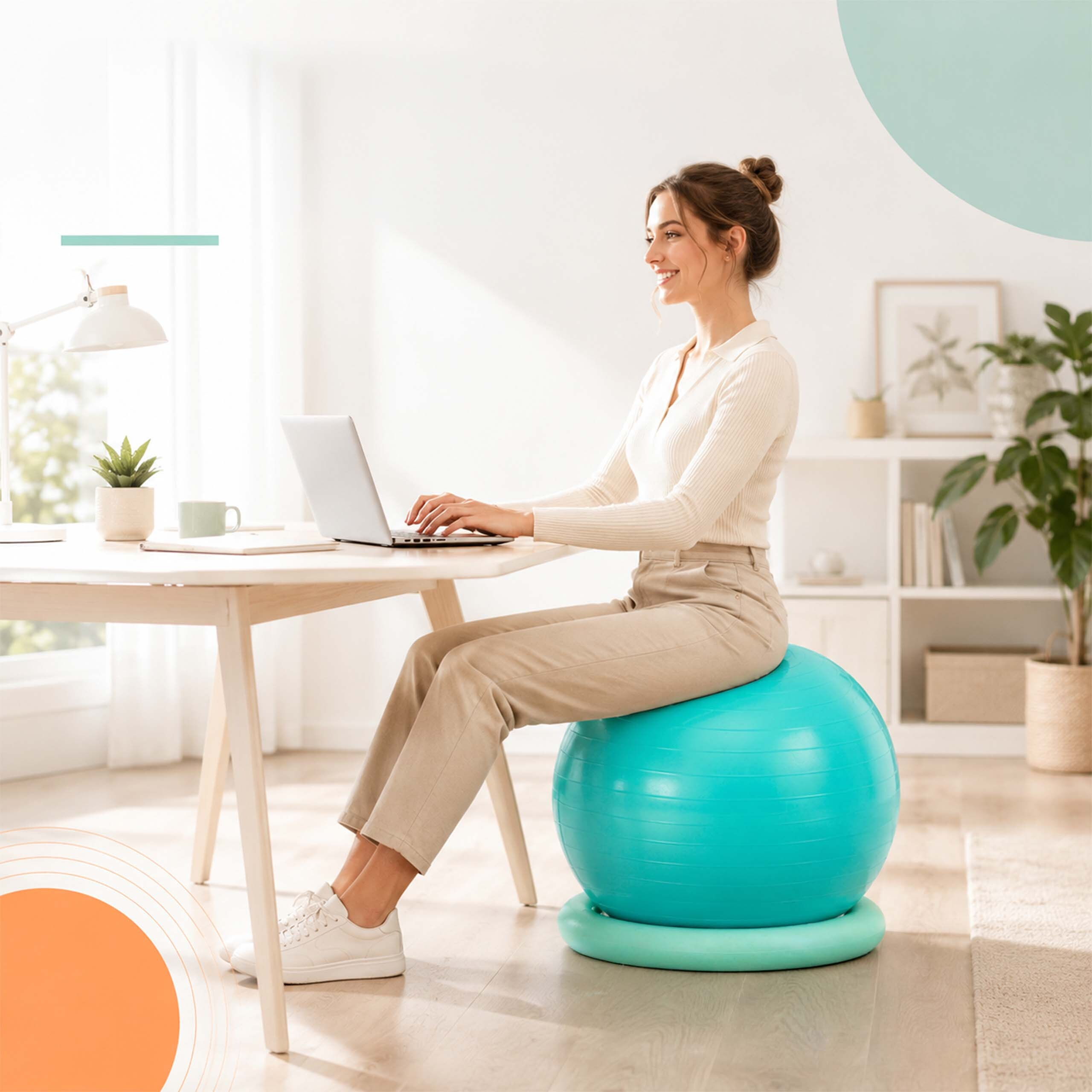 Eine Frau sitzt auf einem blauen Gymnastikball am Schreibtisch und tippt auf einem Laptop in einem hellen Raum.