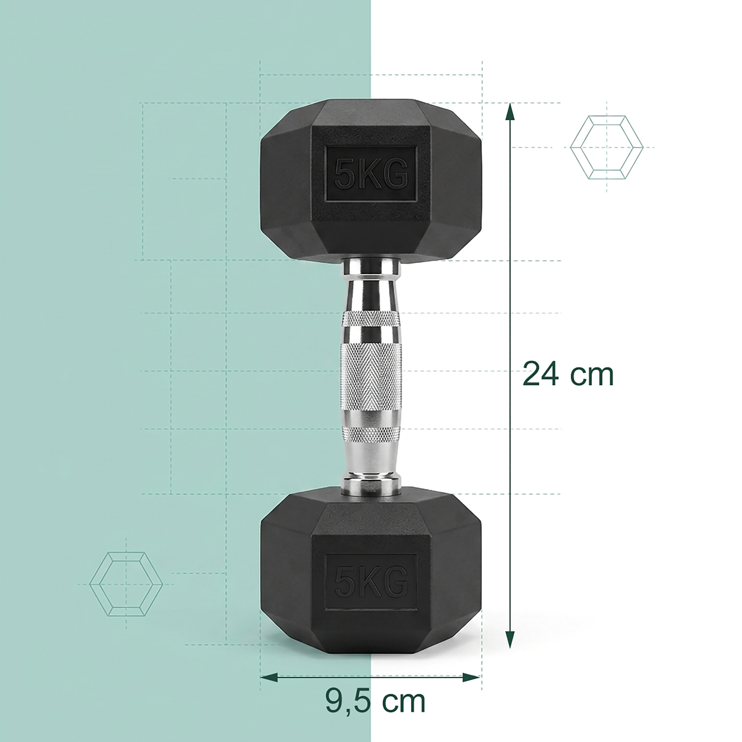 Eine schwarze 5-kg-Hantel mit silberner Stange und Bemaßungslinien auf zweifarbigem Hintergrund.